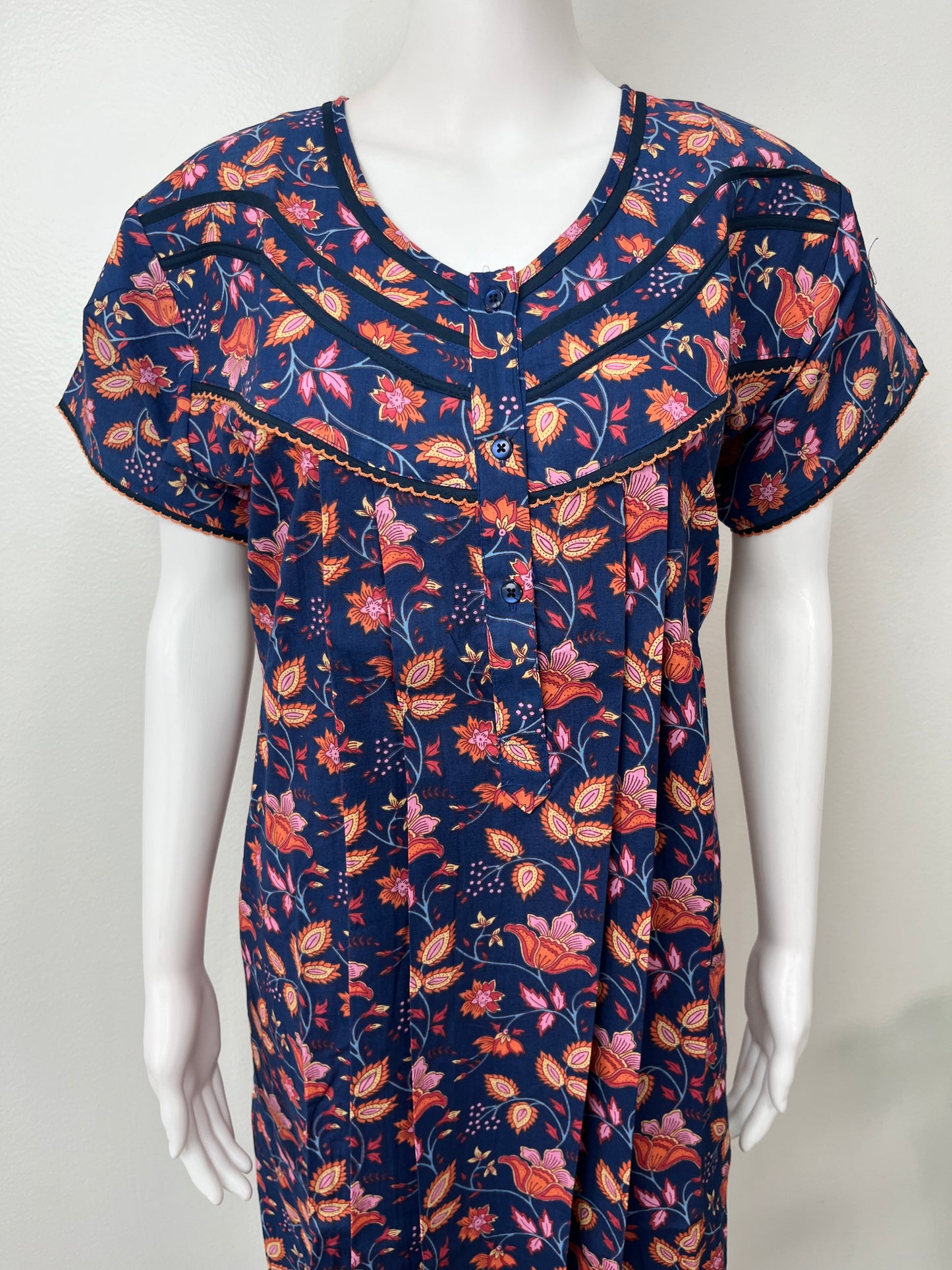 Royal Blue 100% Cotton Nightgown with Contrast Print