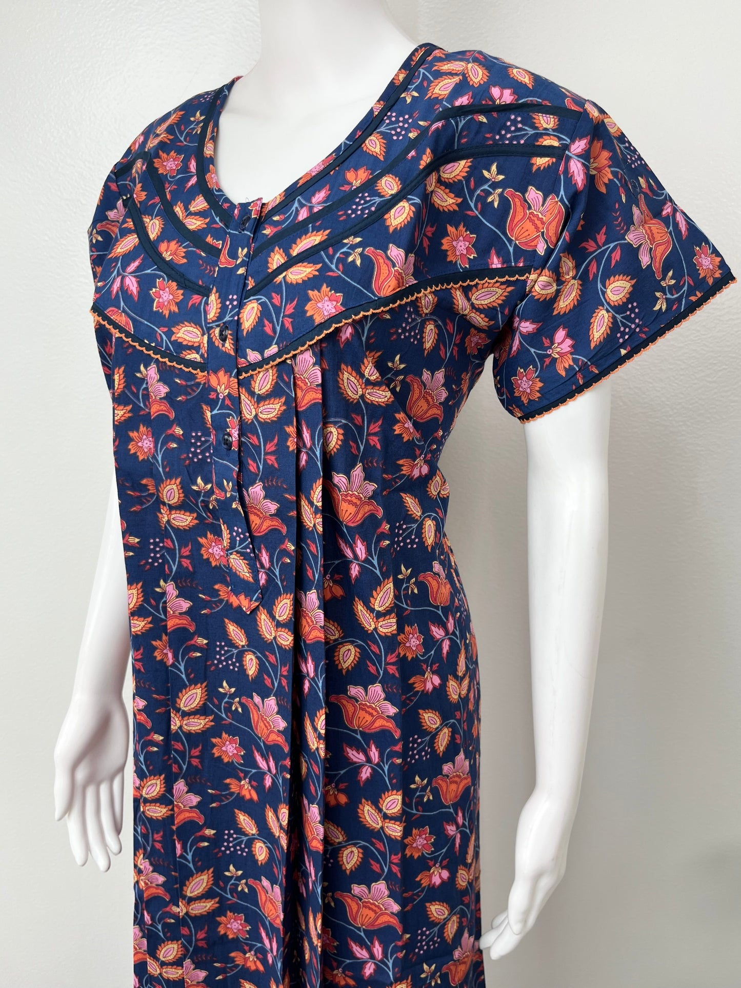 Royal Blue 100% Cotton Nightgown with Contrast Print