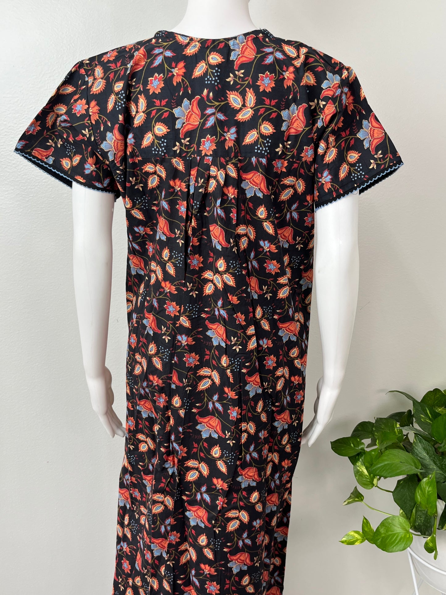 Black Pure Cotton Nightgown with Contrast Print