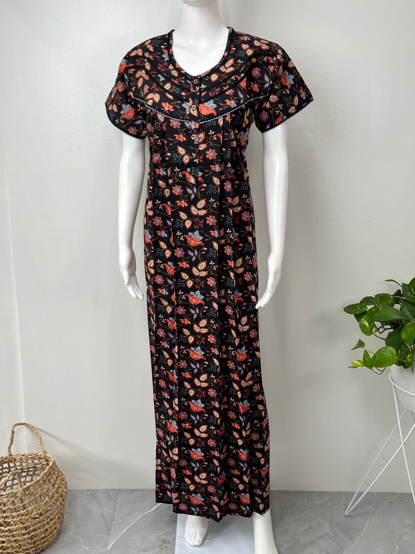 Black Pure Cotton Nightgown with Contrast Print