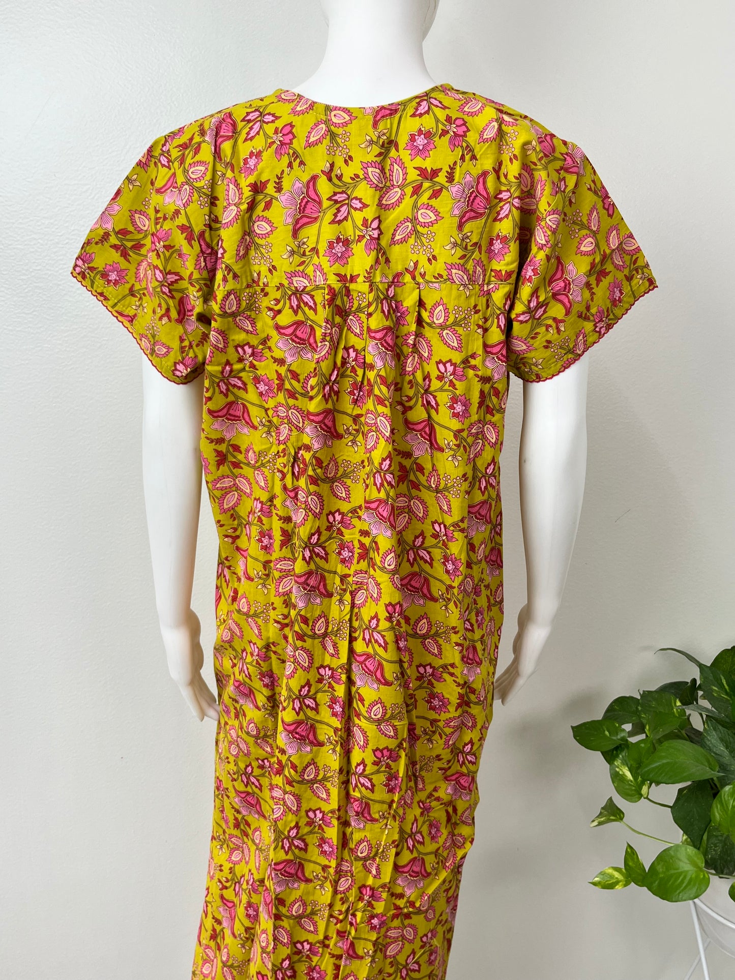 Yellow Floral 100% Cotton Pleated Nightgown