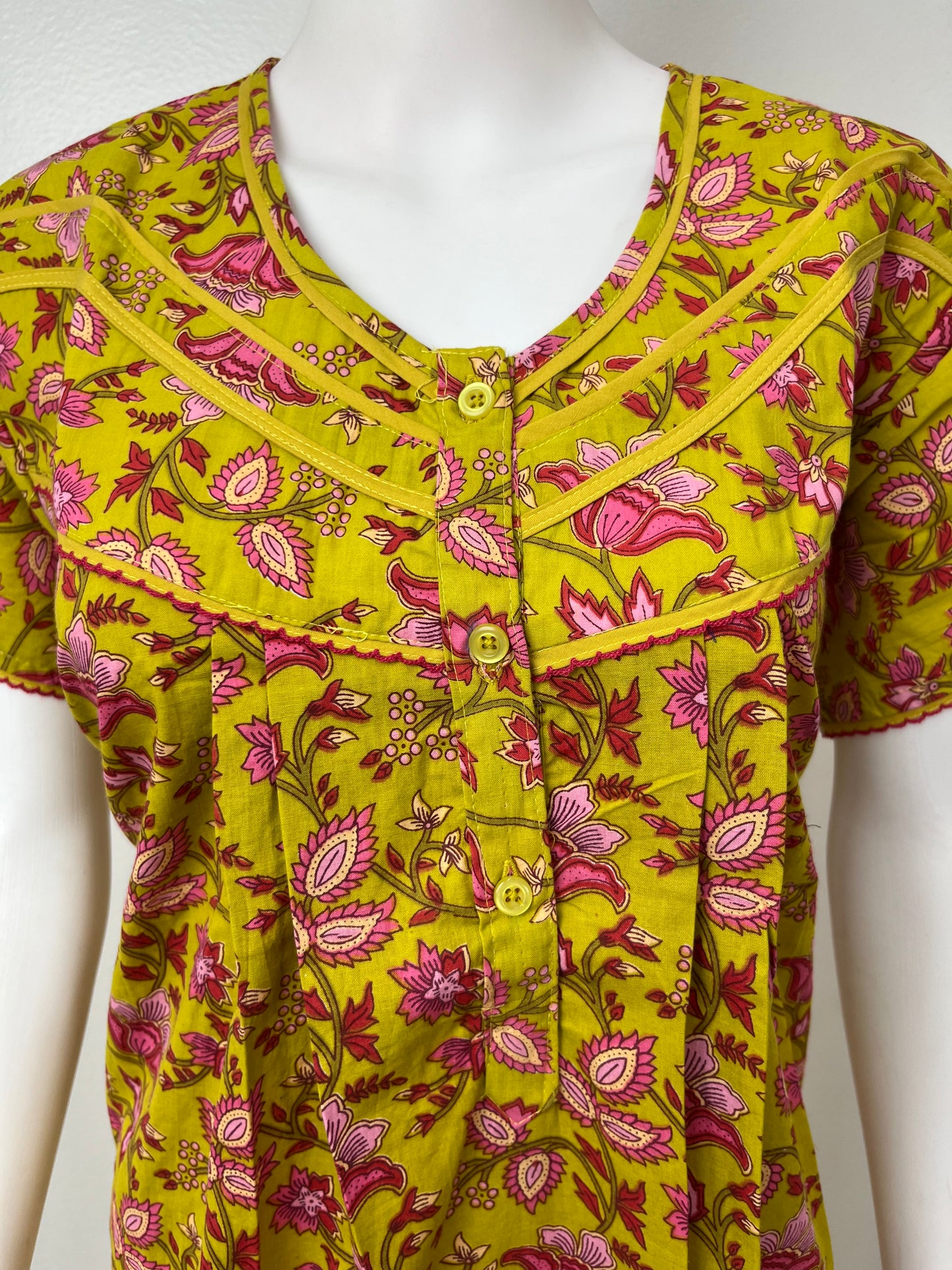 Yellow Floral 100% Cotton Pleated Nightgown