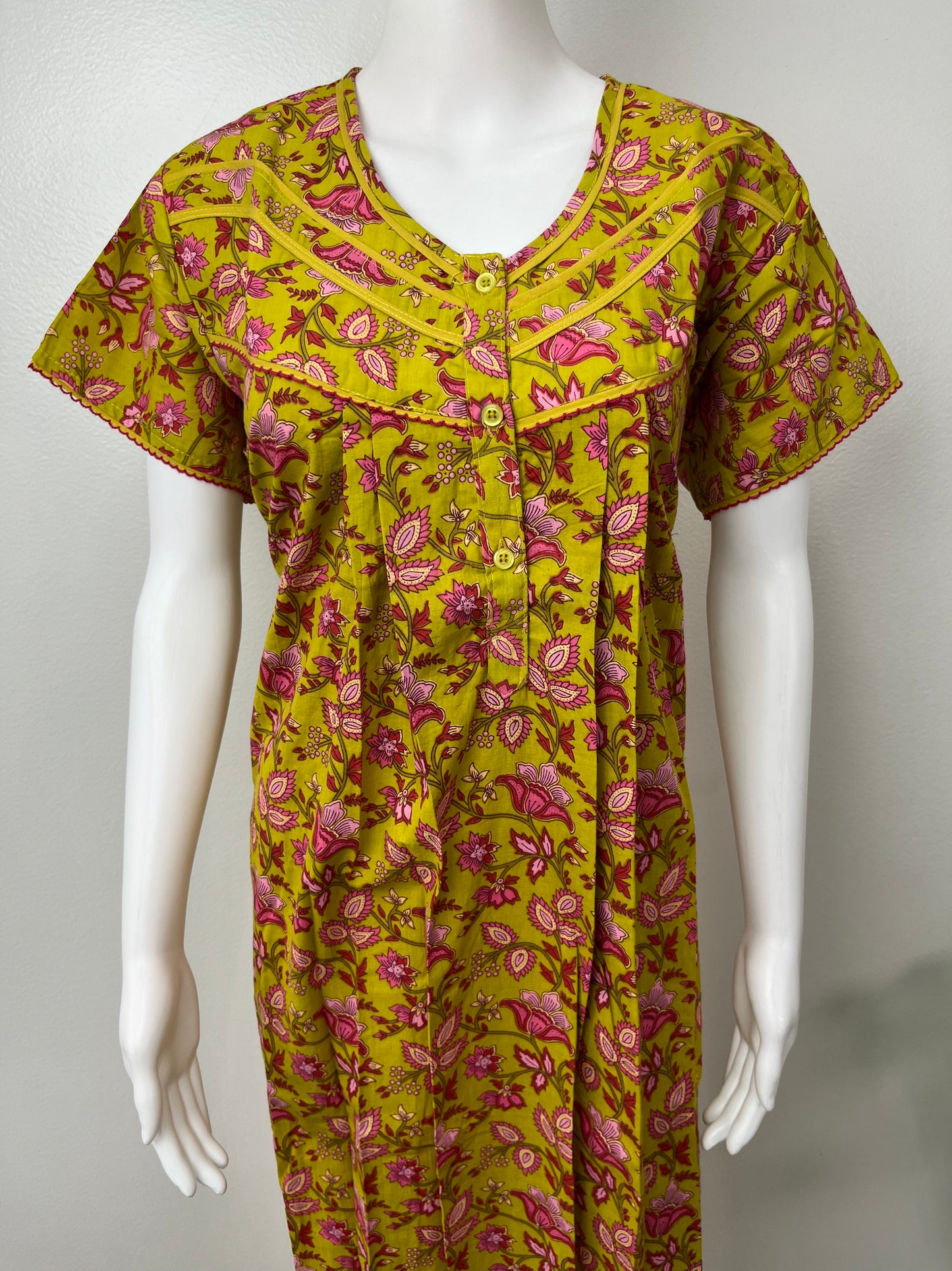 Yellow Floral 100% Cotton Pleated Nightgown