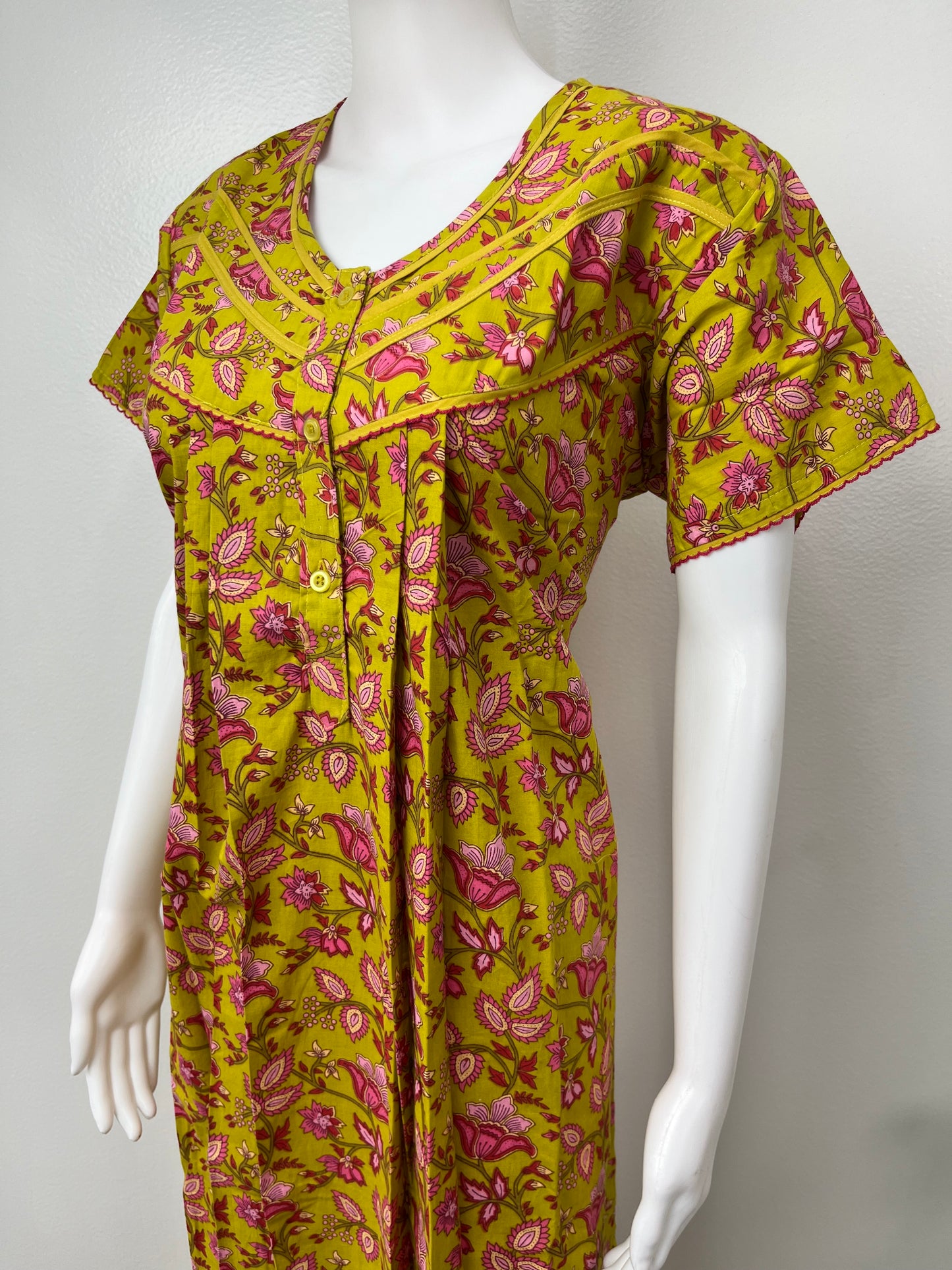 Yellow Floral 100% Cotton Pleated Nightgown