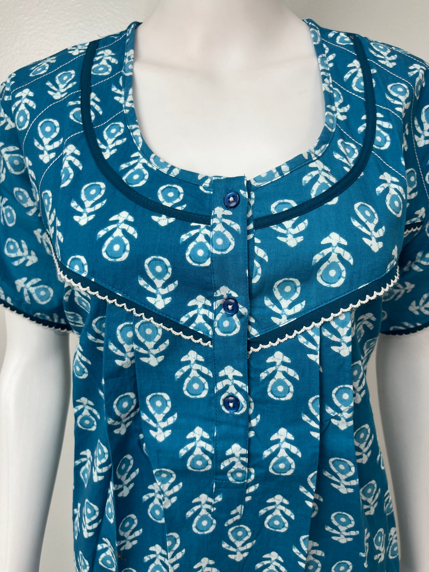 Blue Pleated Cotton Nightgown Soft & Comfortable.