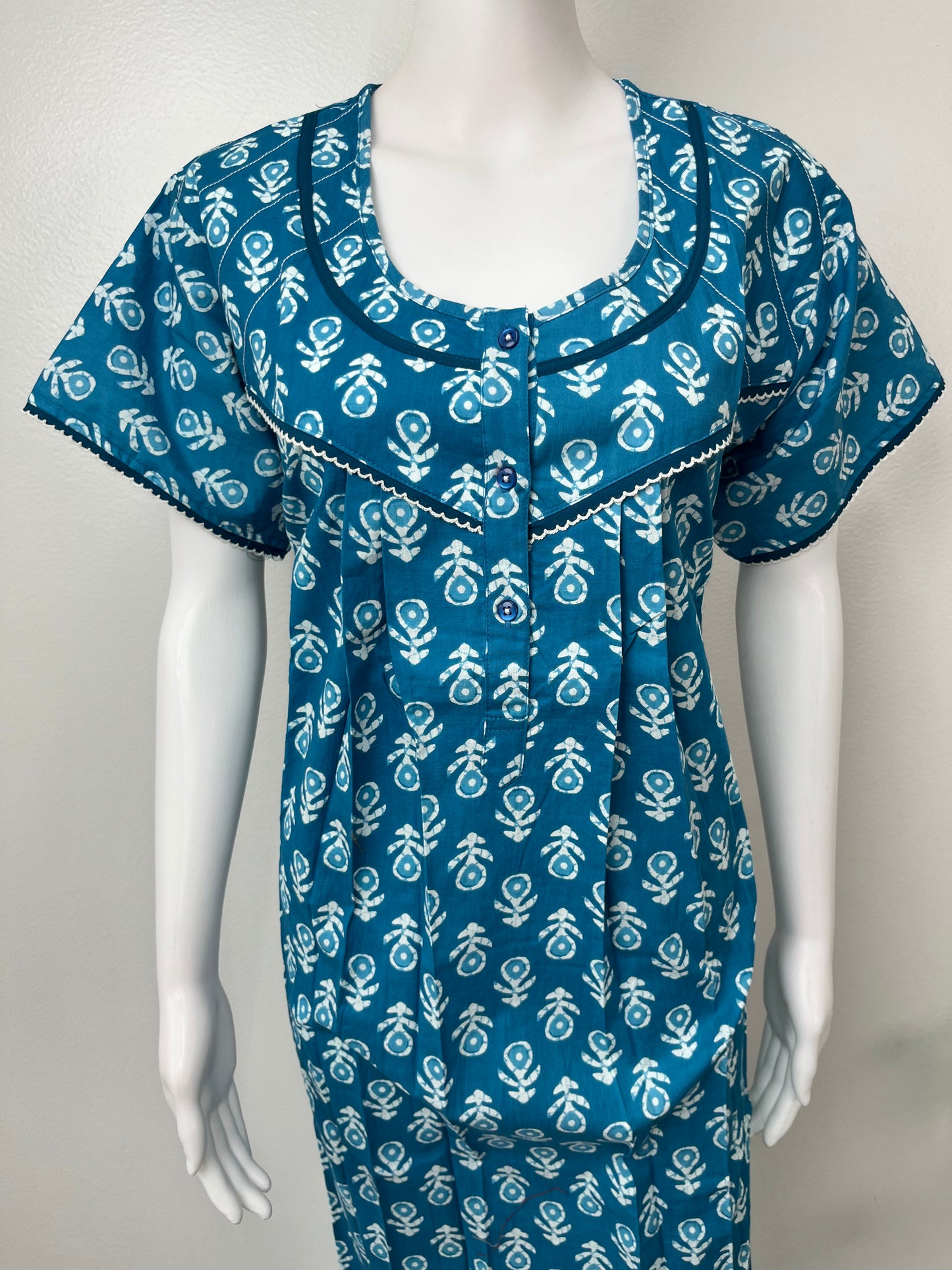 Blue Pleated Cotton Nightgown Soft & Comfortable.