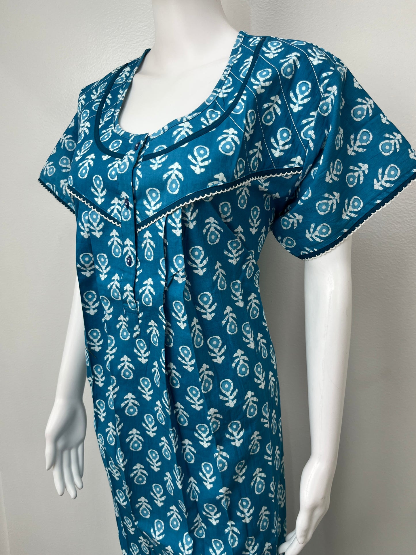 Blue Pleated Cotton Nightgown Soft & Comfortable.
