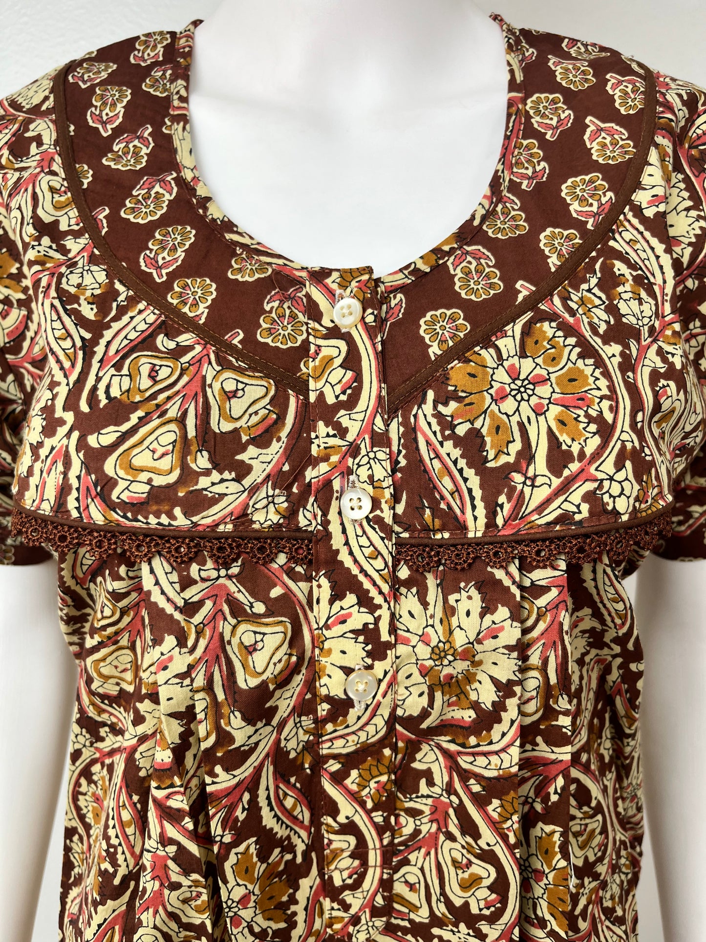 Brown Pure Cotton Nightgown with Lace Details