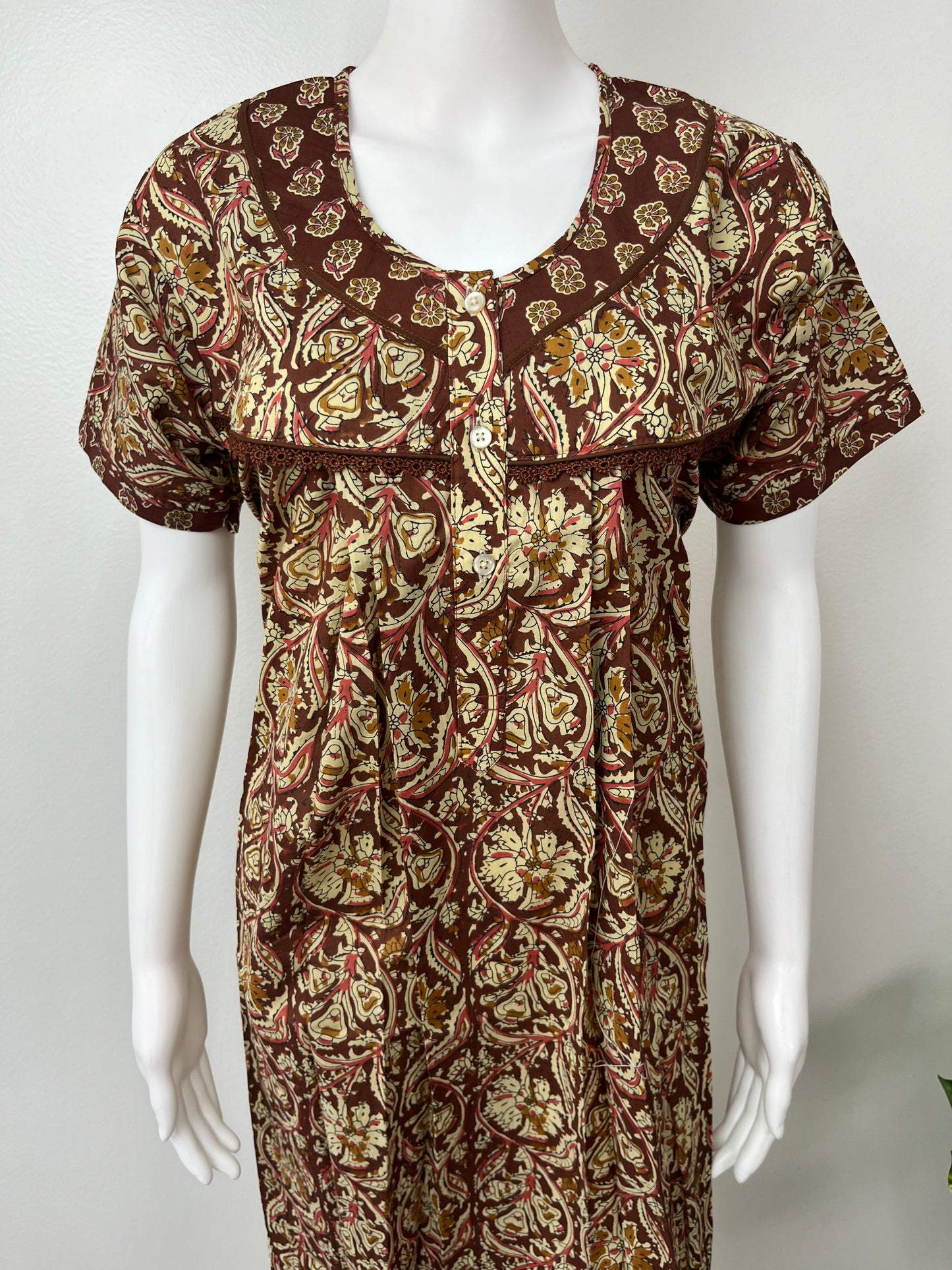 Brown Pure Cotton Nightgown with Lace Details