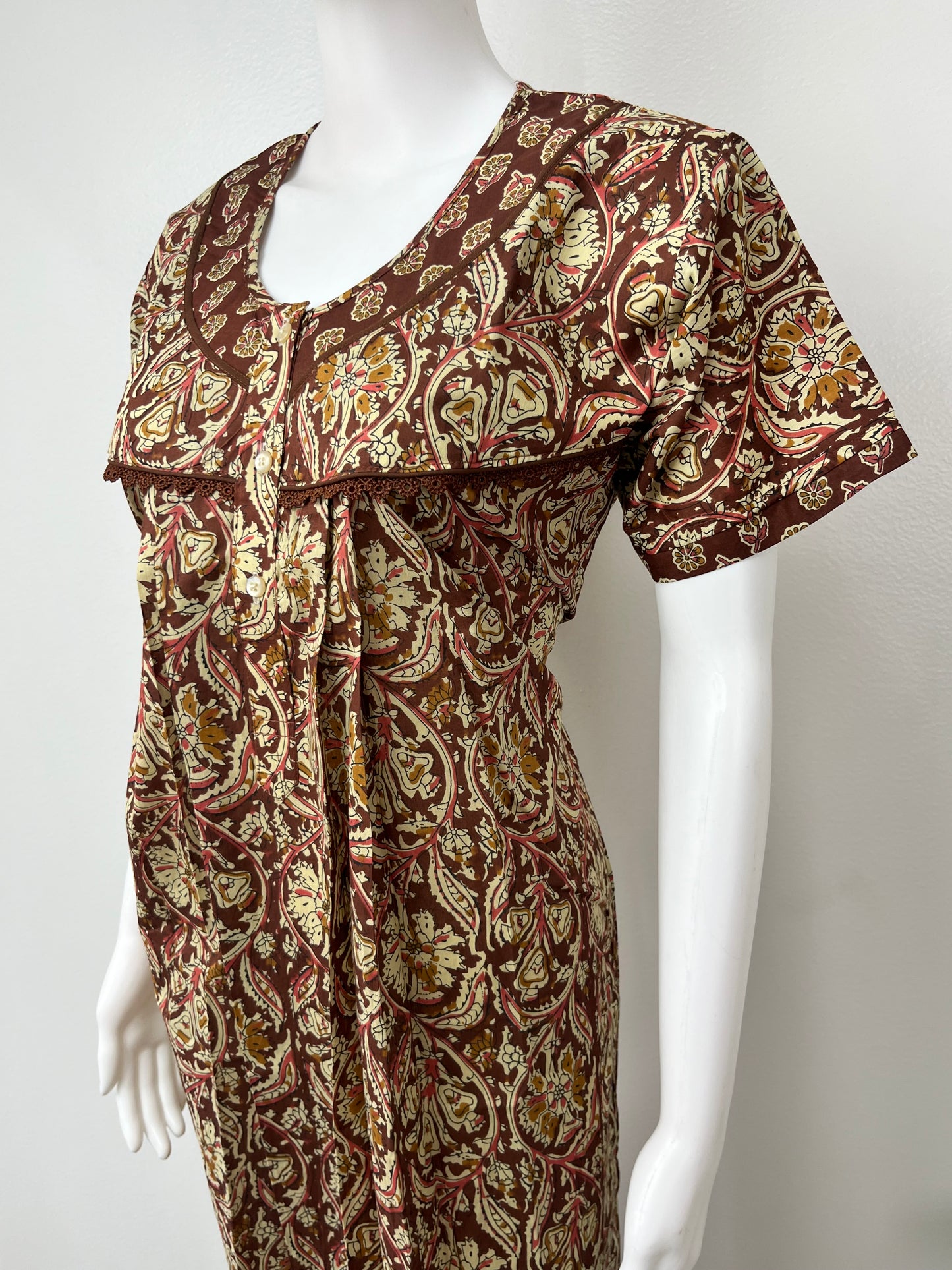 Brown Pure Cotton Nightgown with Lace Details