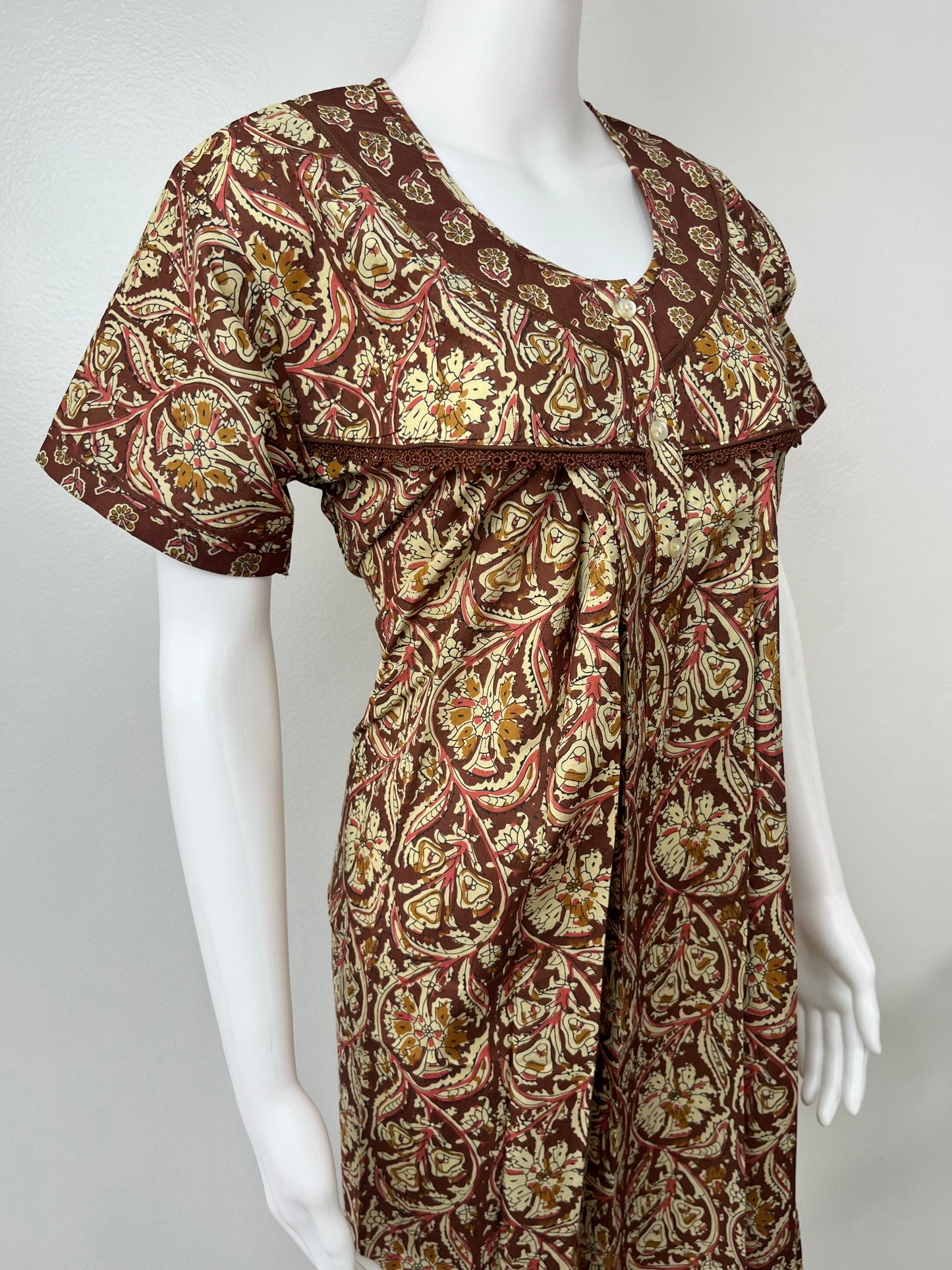 Brown Pure Cotton Nightgown with Lace Details