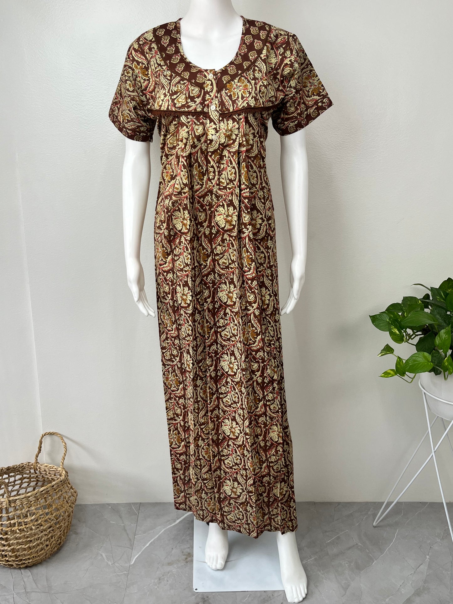 Brown Pure Cotton Nightgown with Lace Details