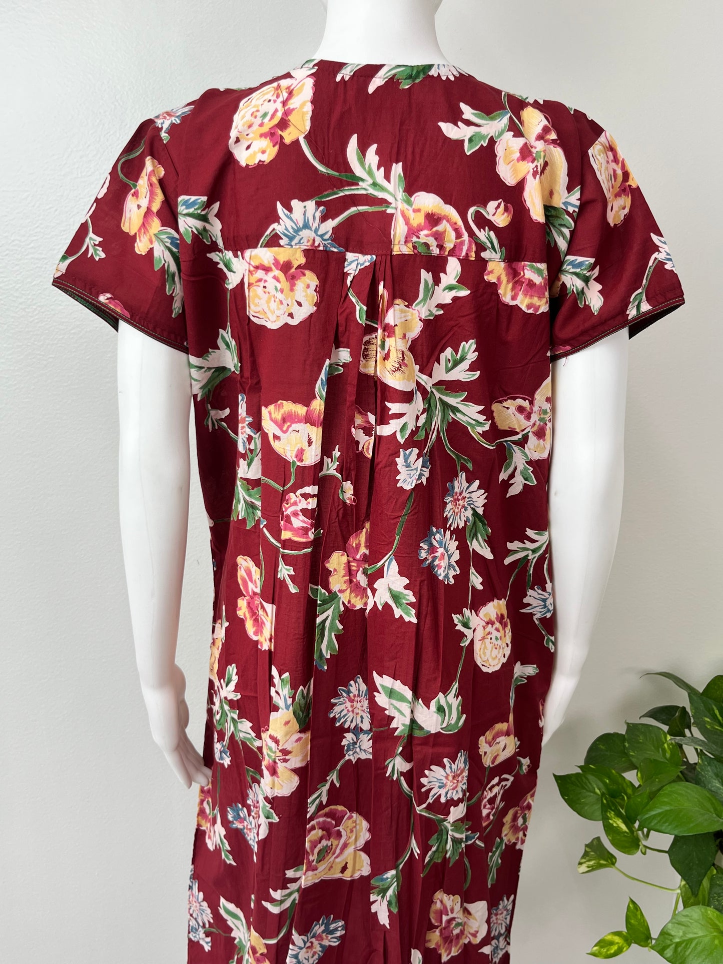 Red Flora Pleated 100% Cotton Nighty for Women
