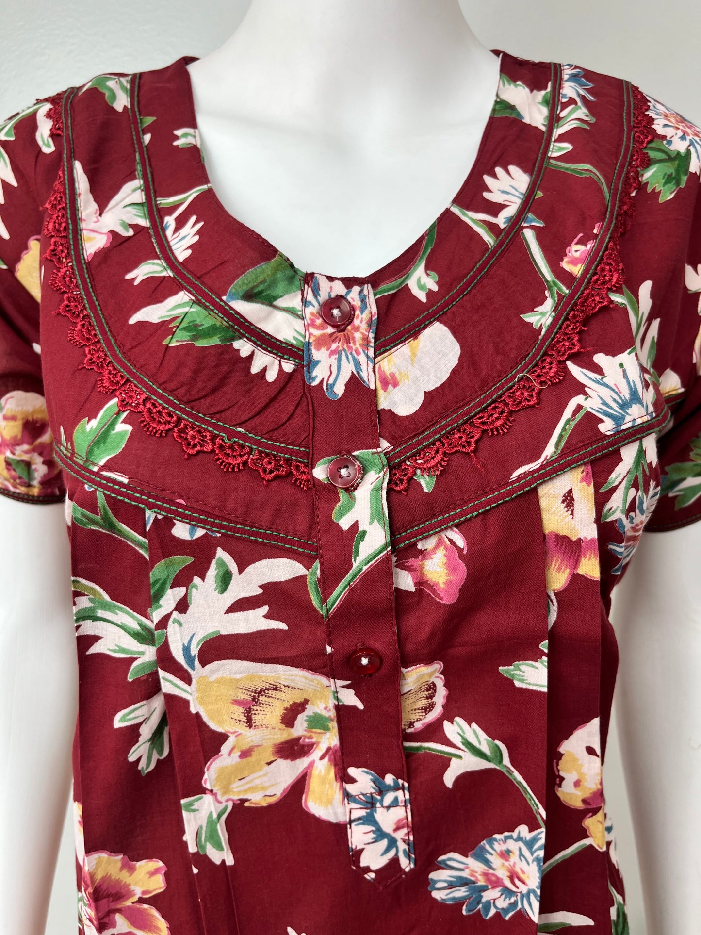 Red Flora Pleated 100% Cotton Nighty for Women