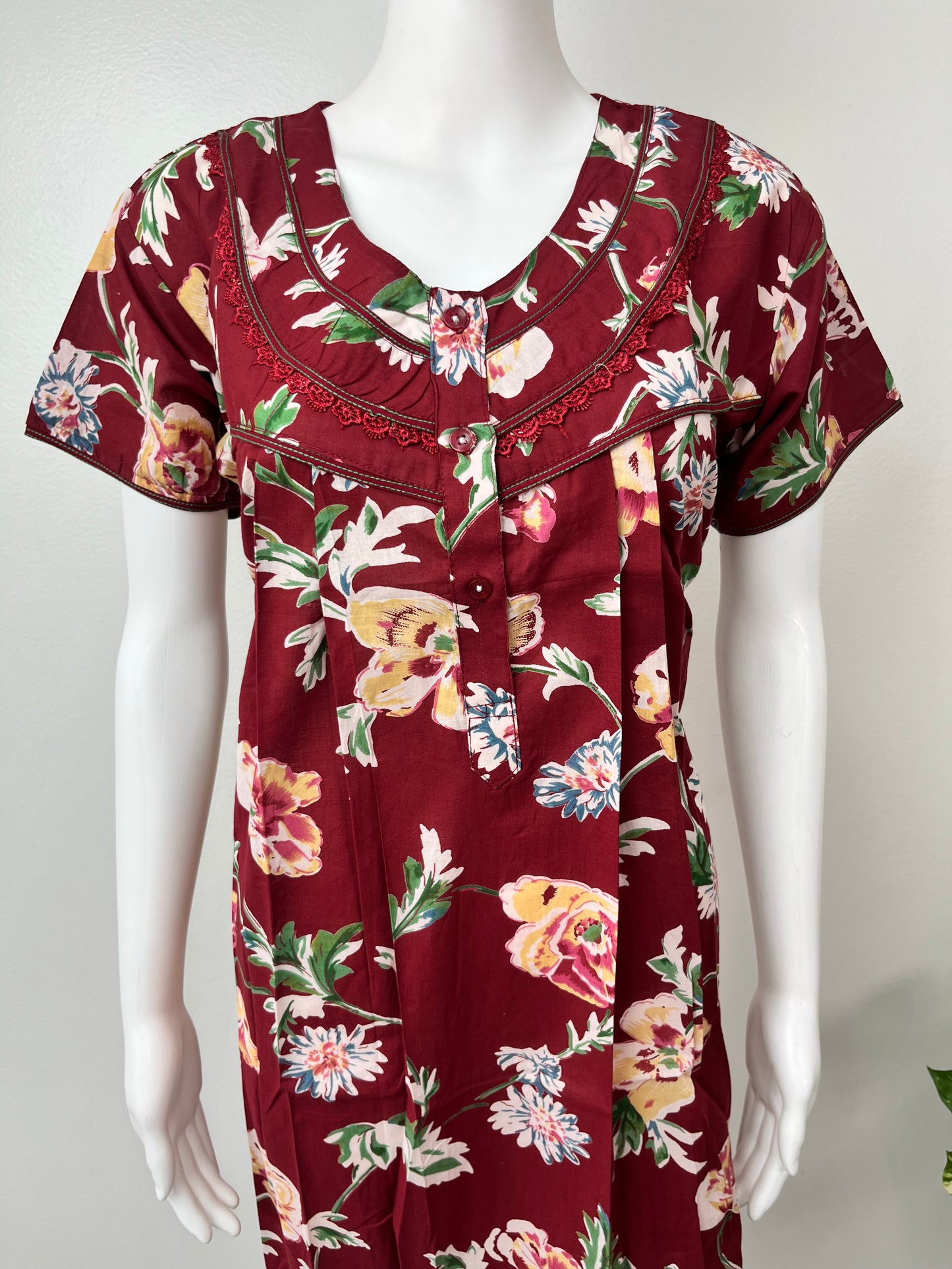 Red Flora Pleated 100% Cotton Nighty for Women