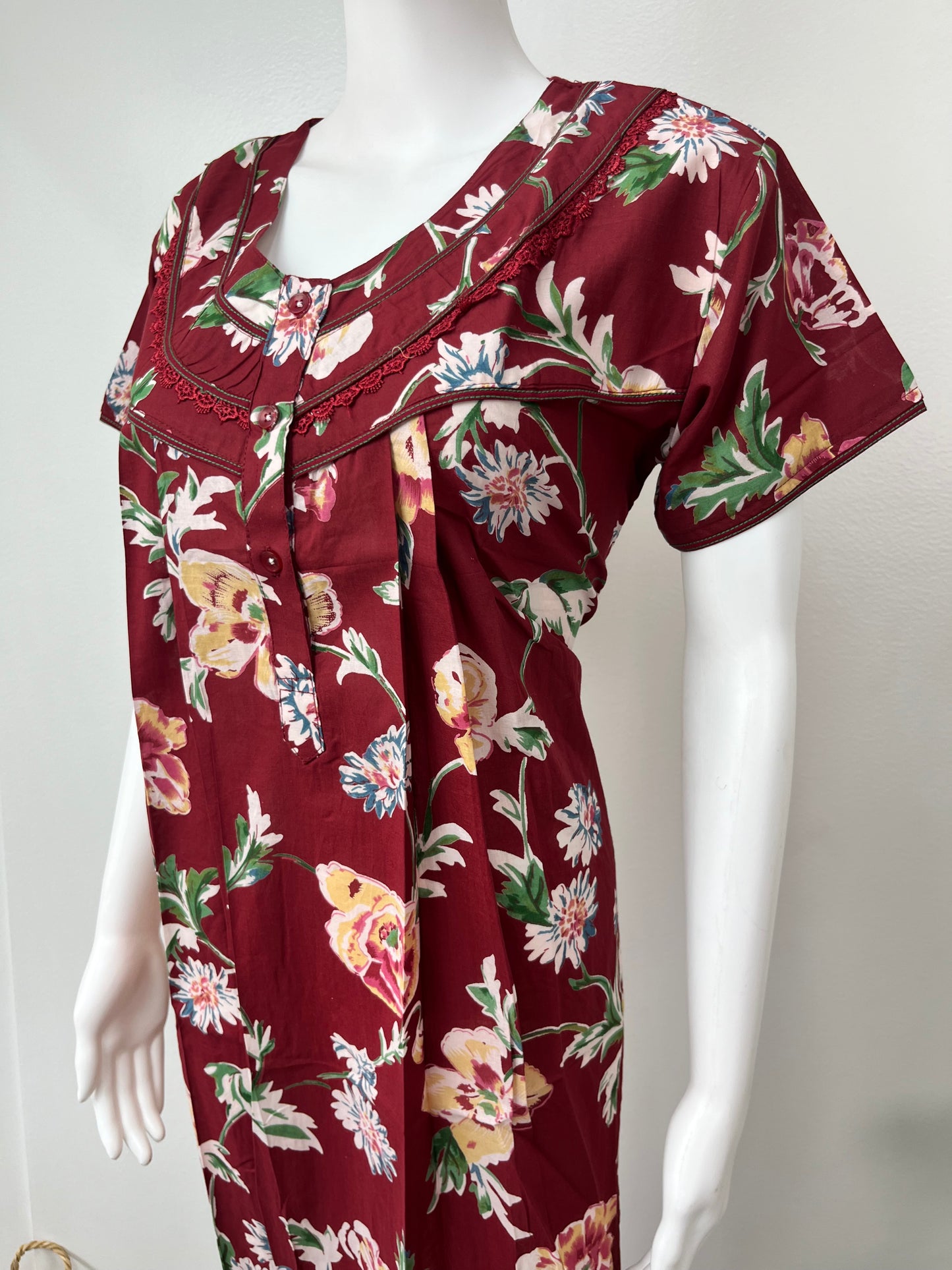 Red Flora Pleated 100% Cotton Nighty for Women