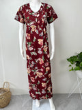 Red Flora Pleated 100% Cotton Nighty for Women