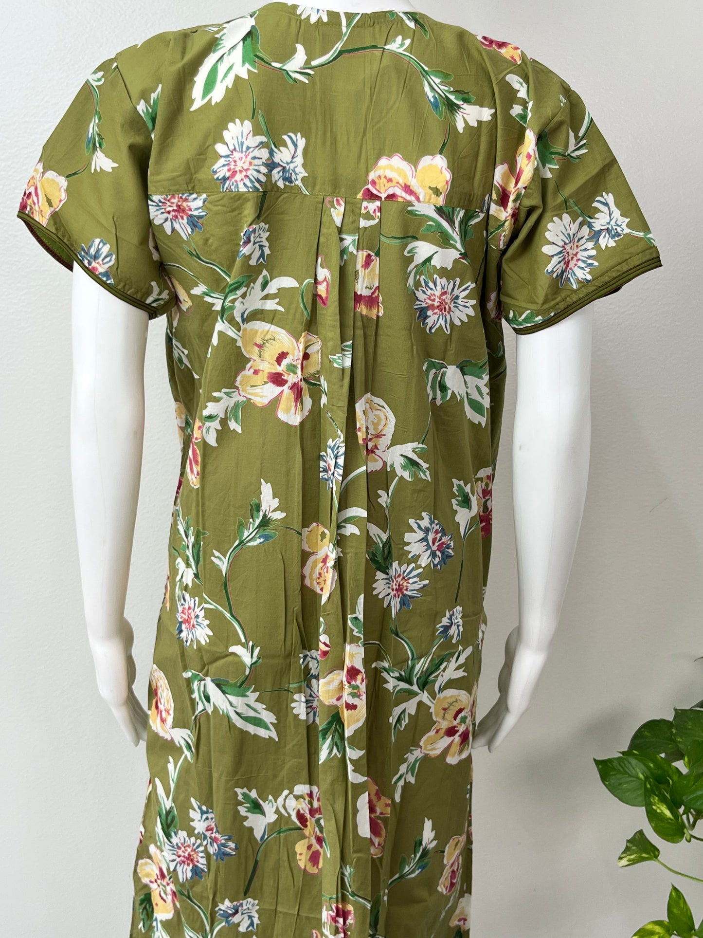 Olive Green Floral Printed 100% Cotton Nighty