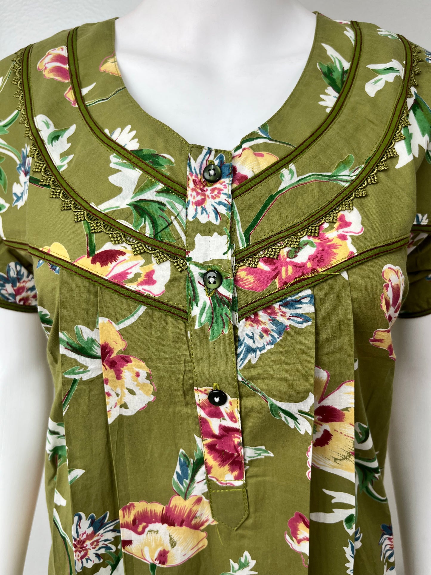 Olive Green Floral Printed 100% Cotton Nighty