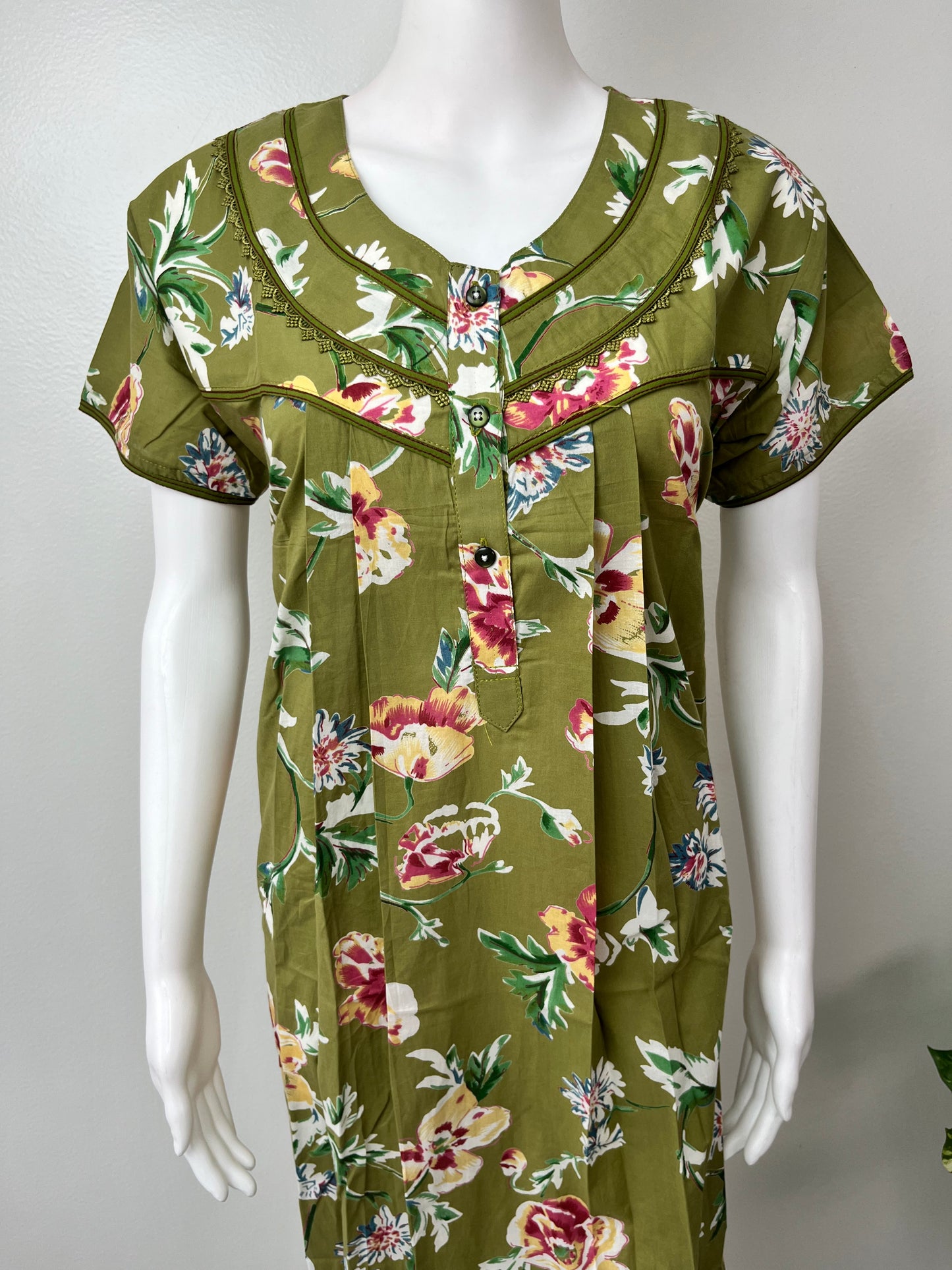 Olive Green Floral Printed 100% Cotton Nighty