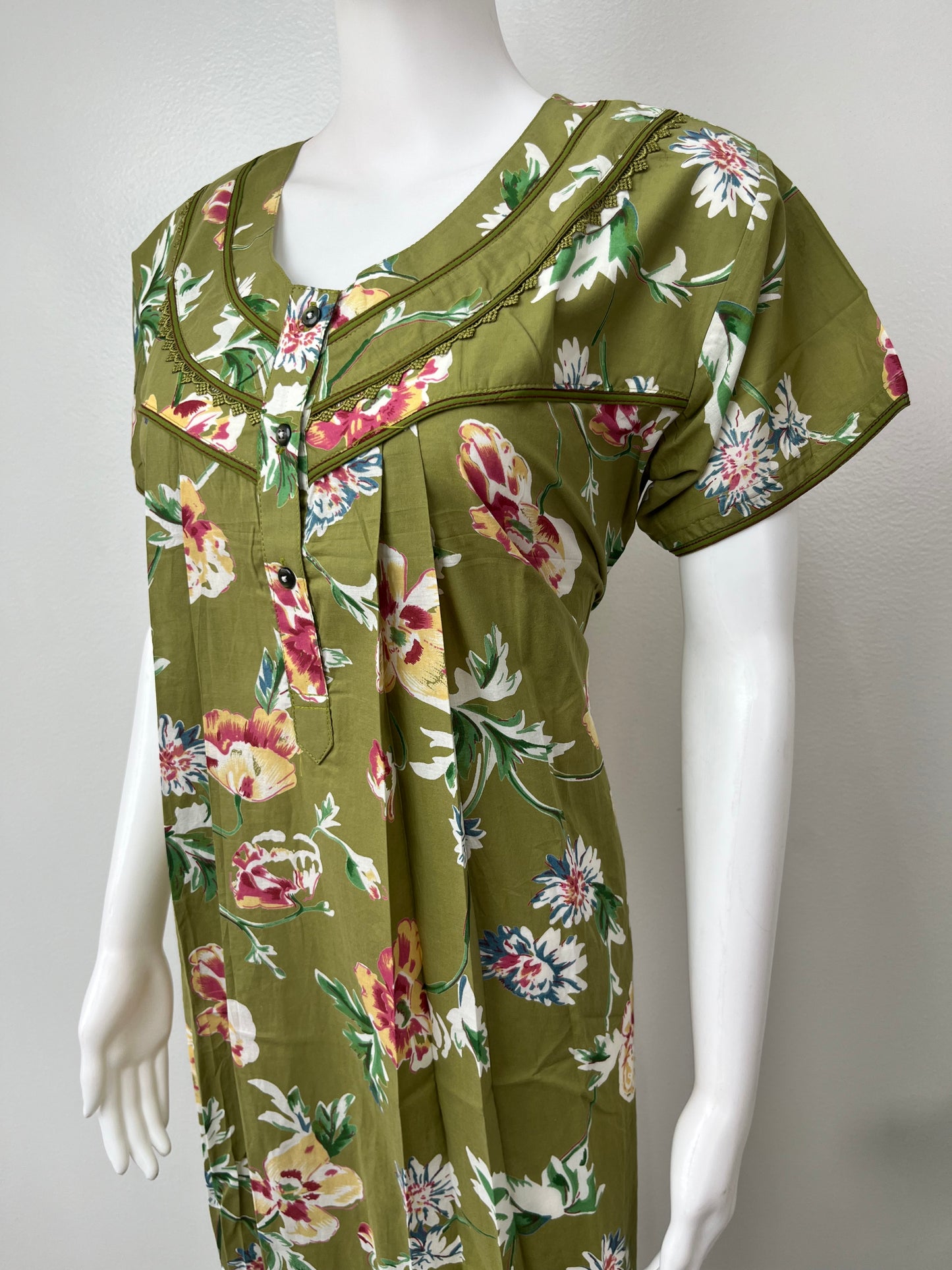 Olive Green Floral Printed 100% Cotton Nighty