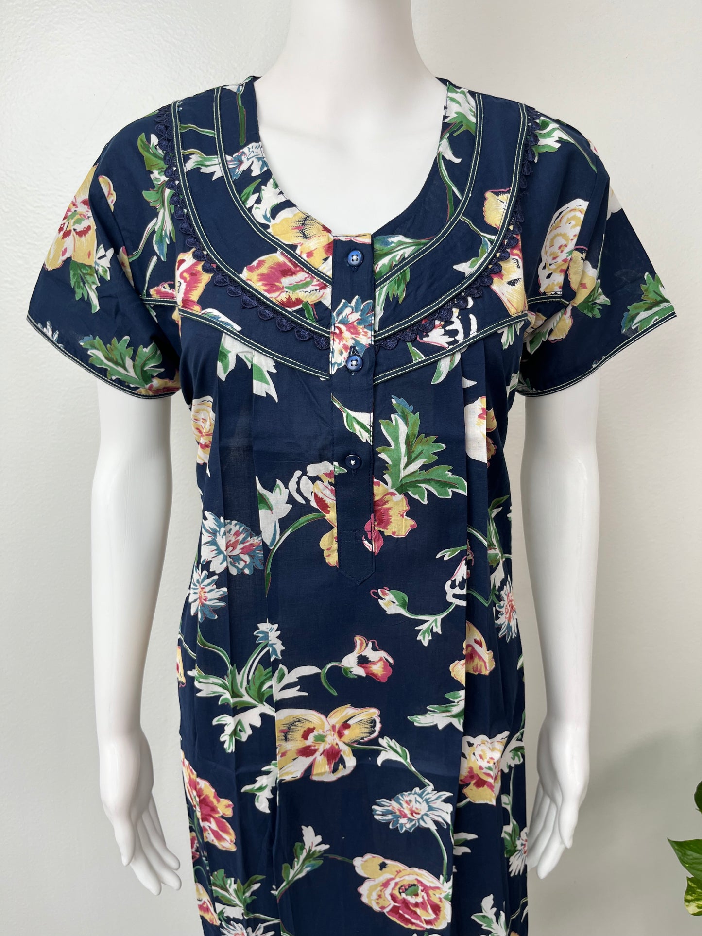 Navy Blue Printed 100% Cotton Nightgown for Women