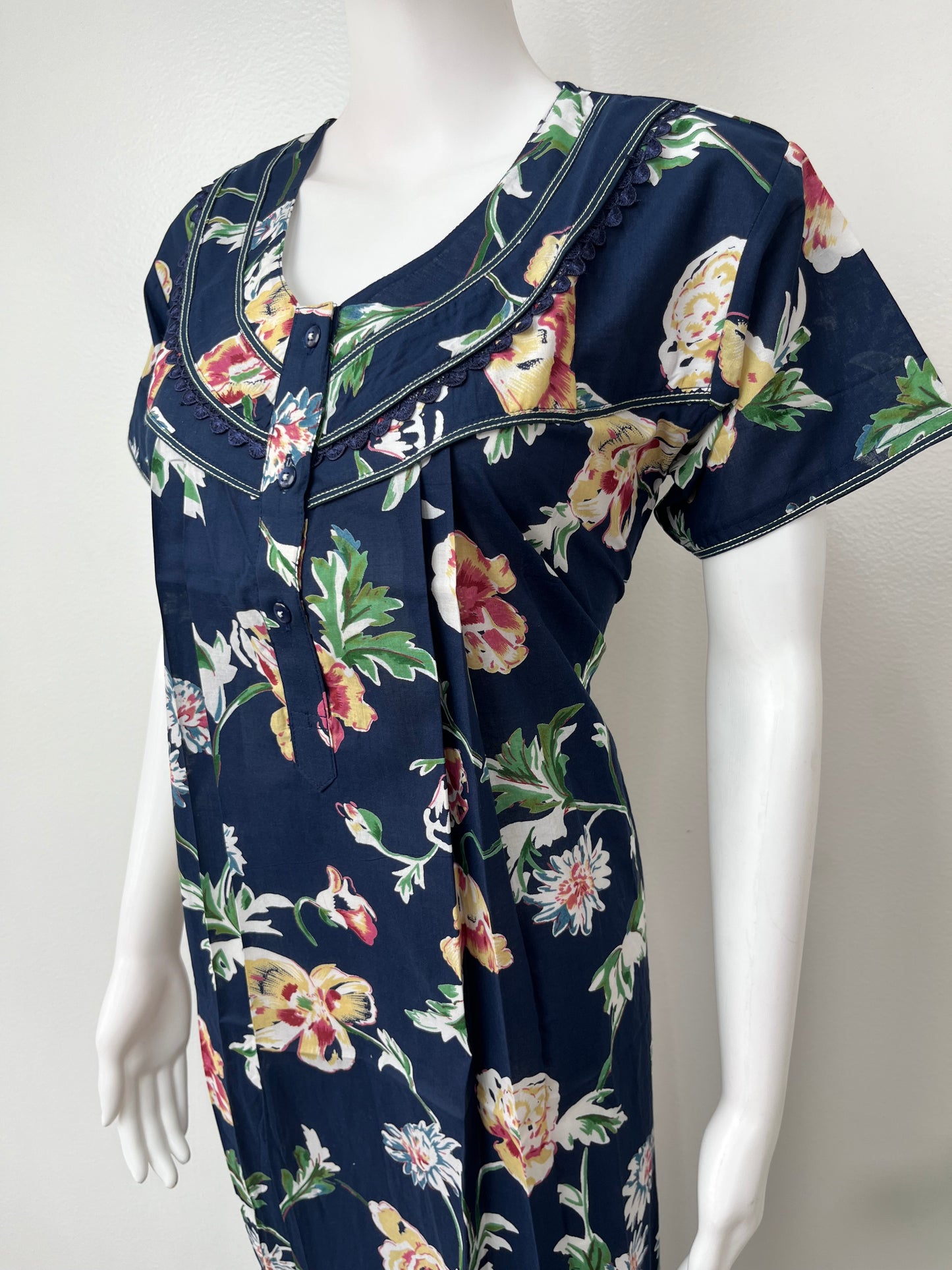 Navy Blue Printed 100% Cotton Nightgown for Women