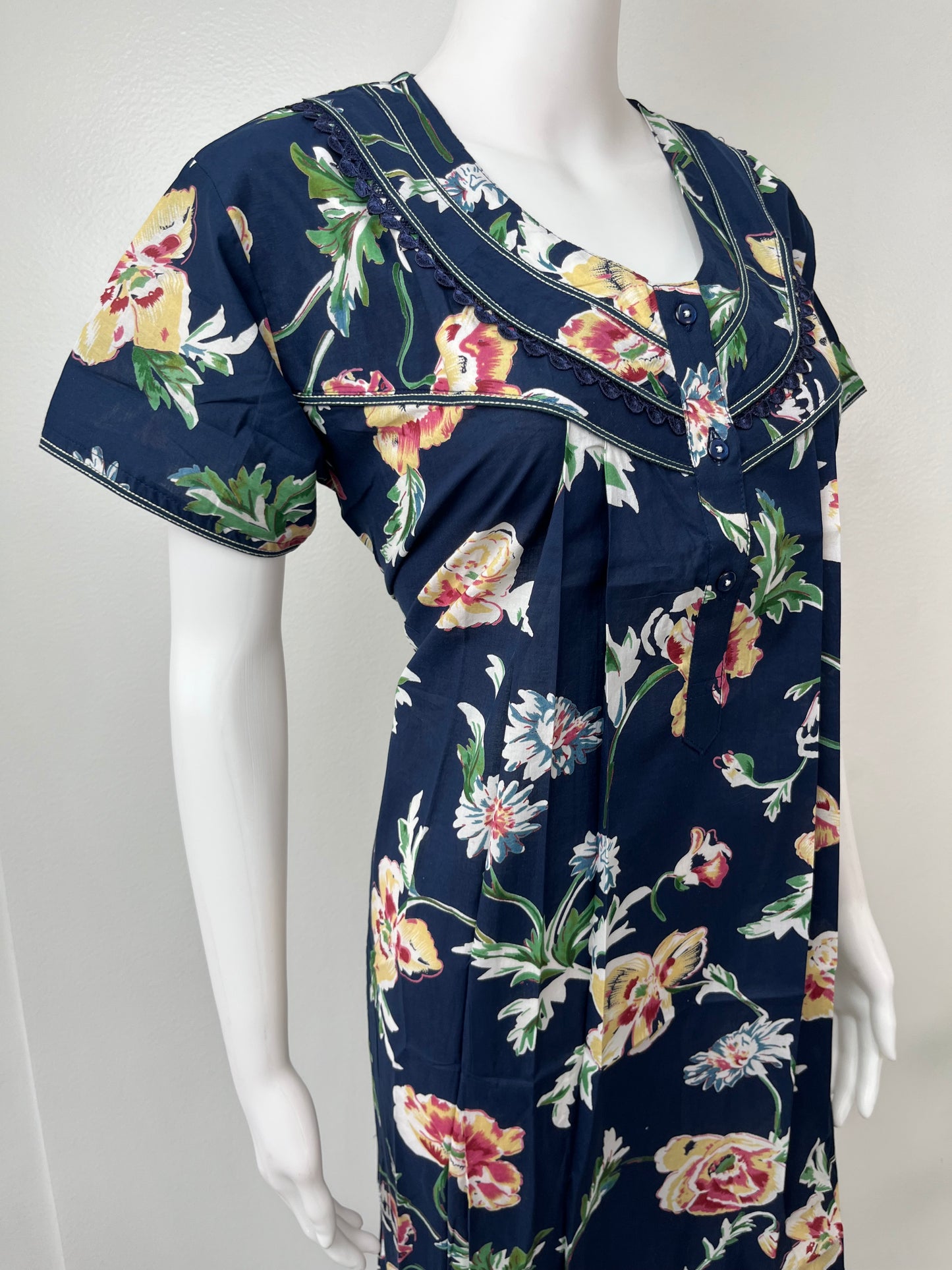 Navy Blue Printed 100% Cotton Nightgown for Women