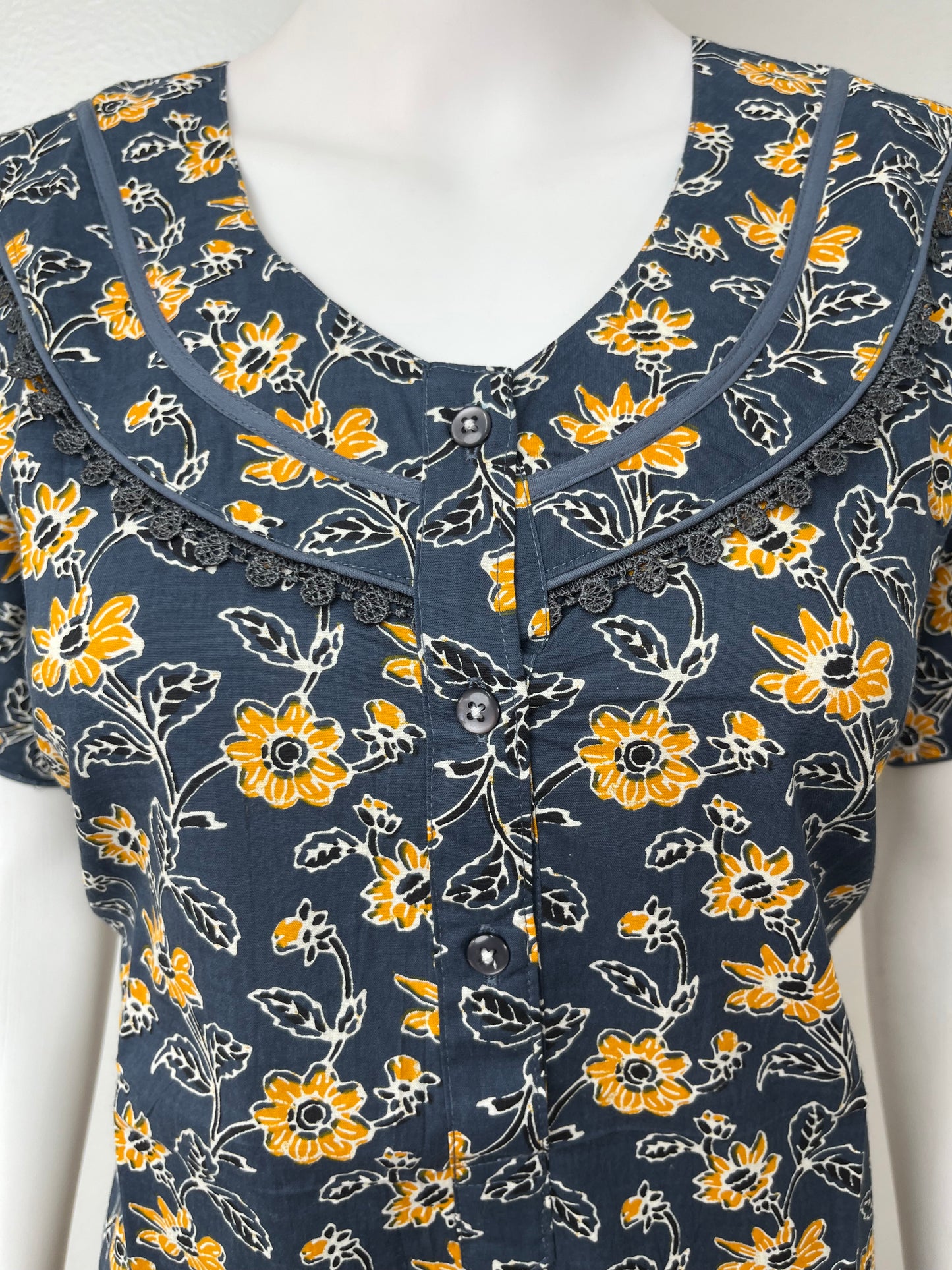 Navy Blue Pure Cotton Nighty with Floral Print