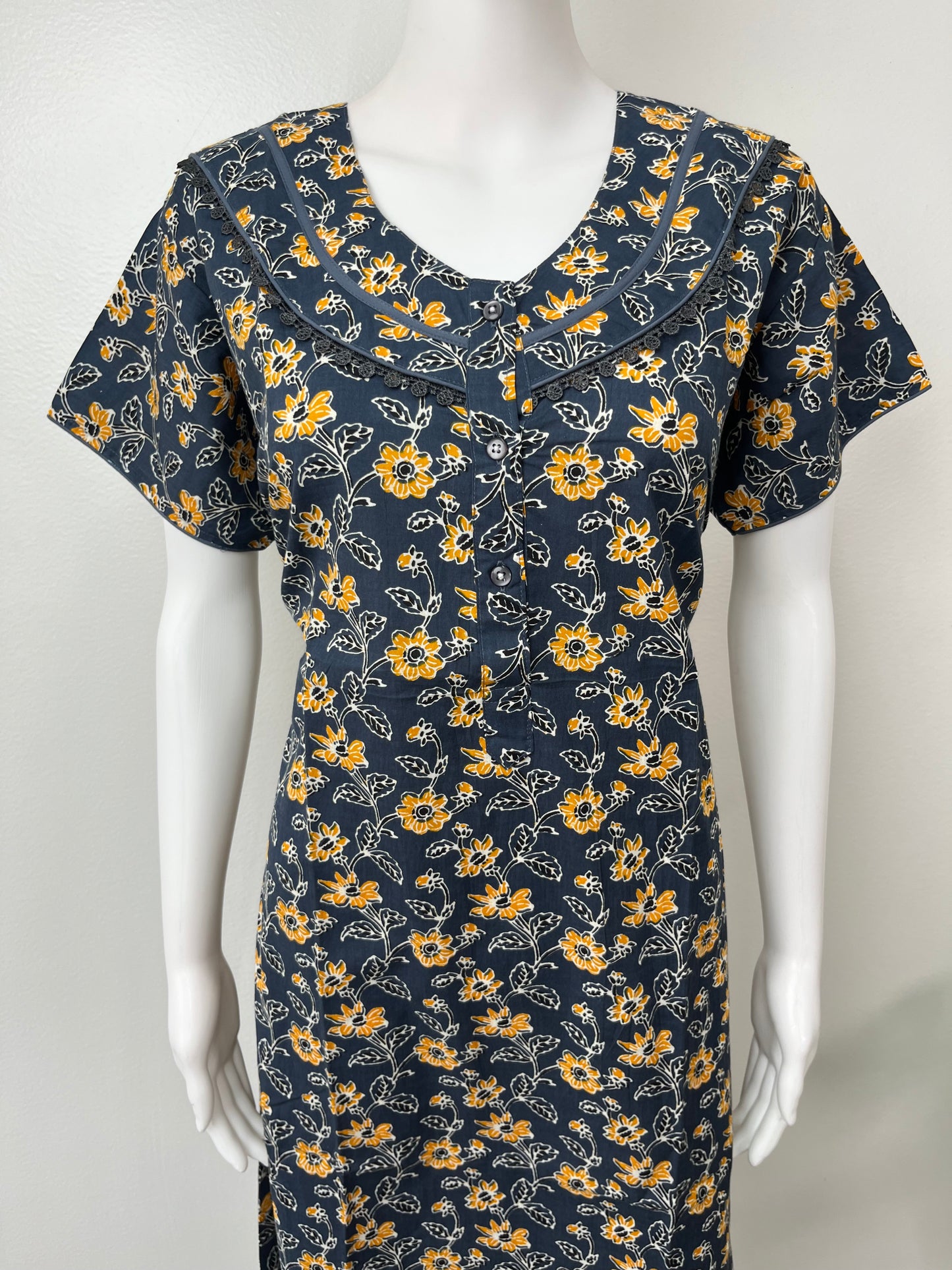 Navy Blue Pure Cotton Nighty with Floral Print