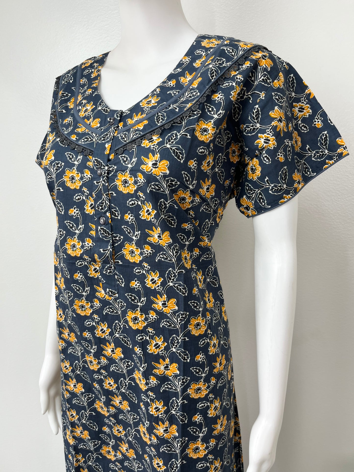 Navy Blue Pure Cotton Nighty with Floral Print