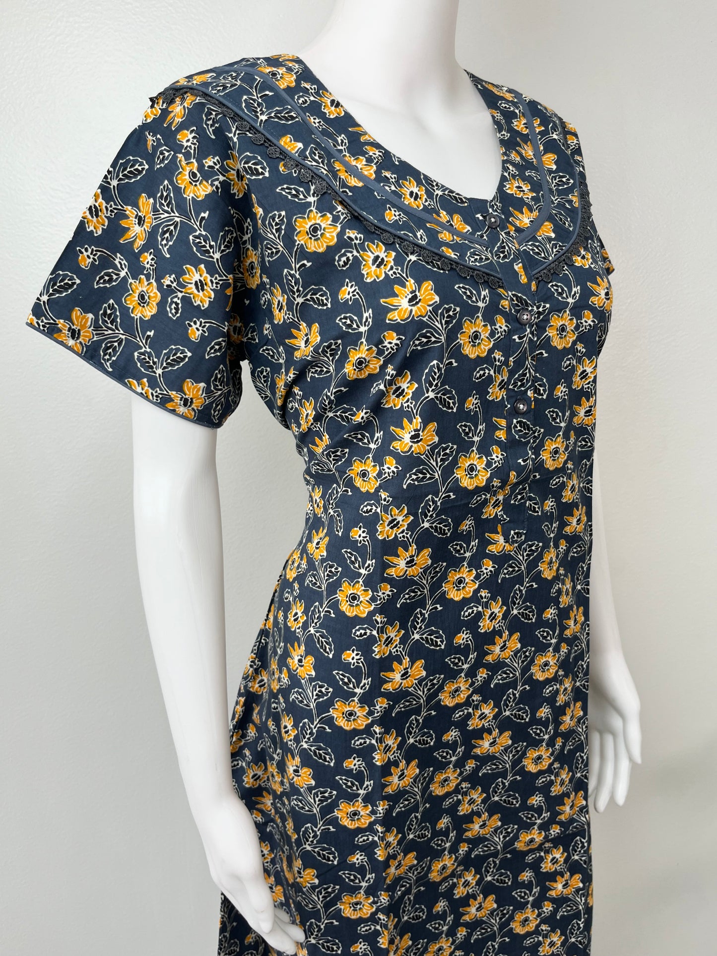 Navy Blue Pure Cotton Nighty with Floral Print