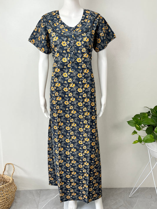 Navy Blue Pure Cotton Nighty with Floral Print