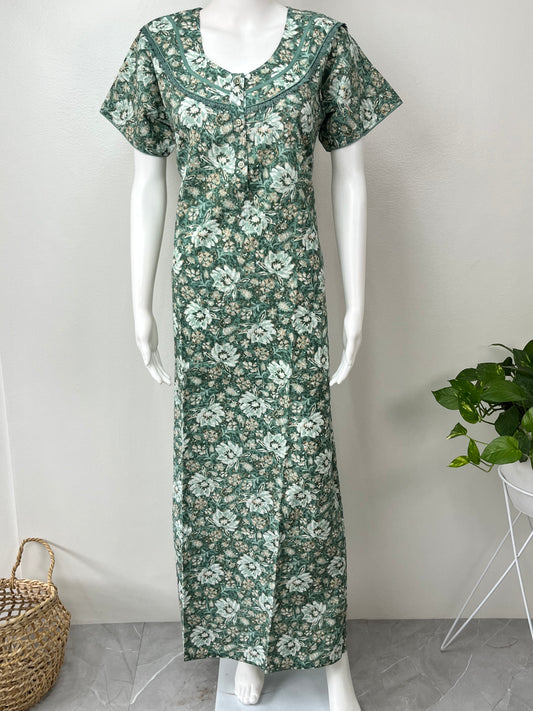 Green Pleated Pure Cotton Nightgown