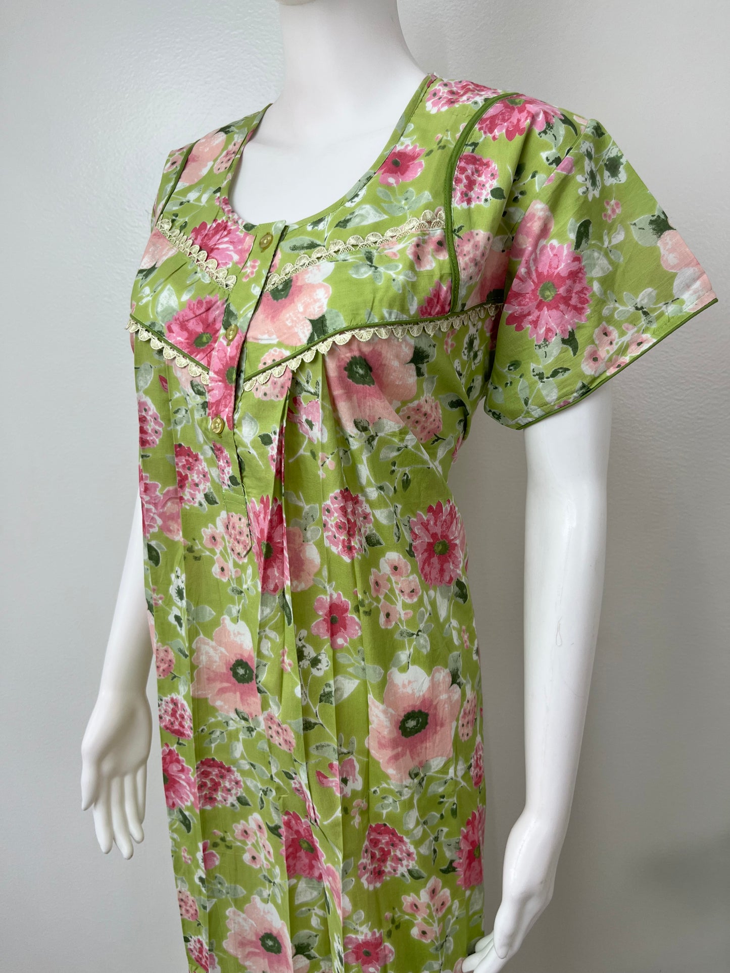 Lime Green Pleated Pure Cotton Nightgown for Women