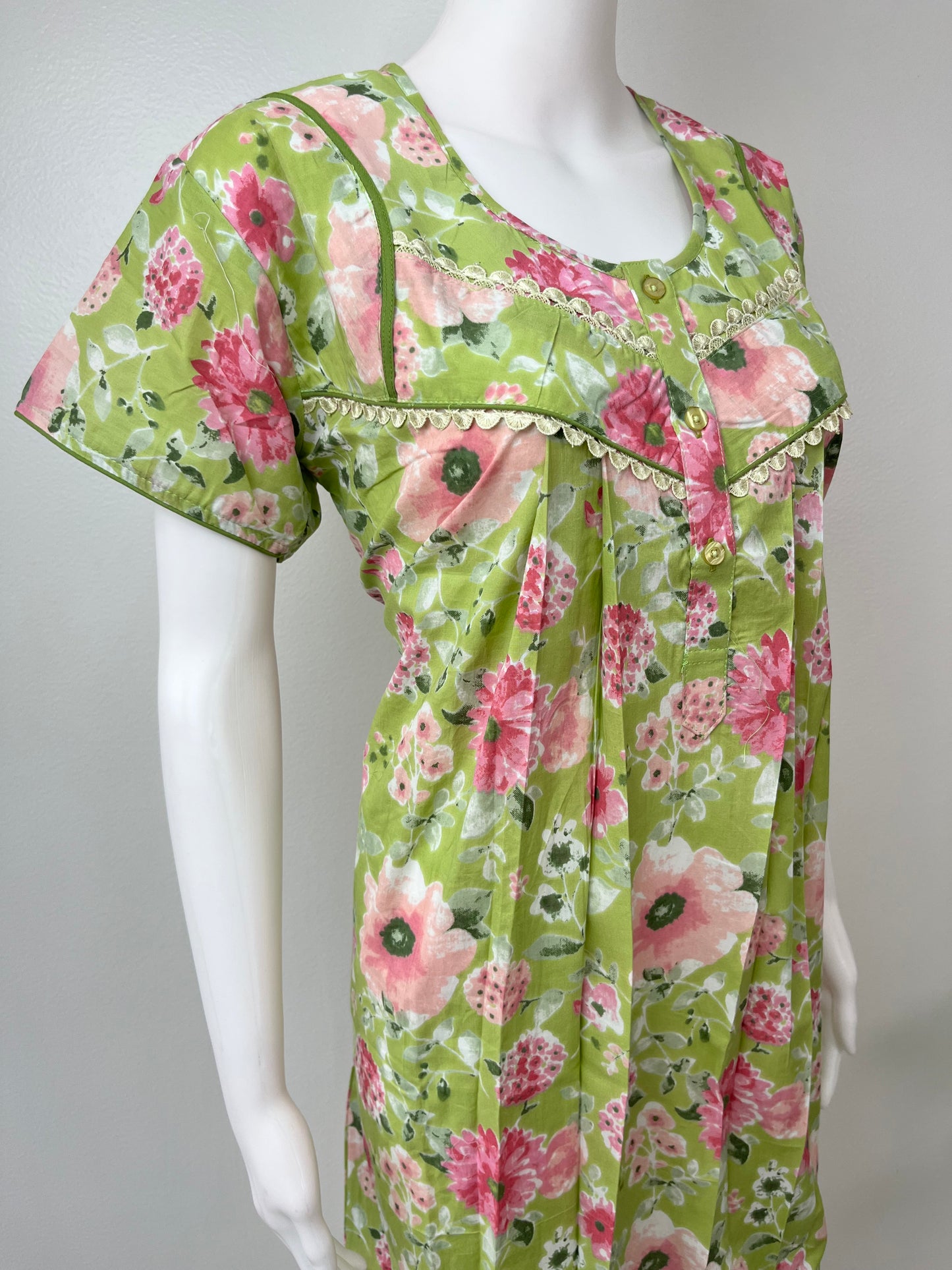 Lime Green Pleated Pure Cotton Nightgown for Women