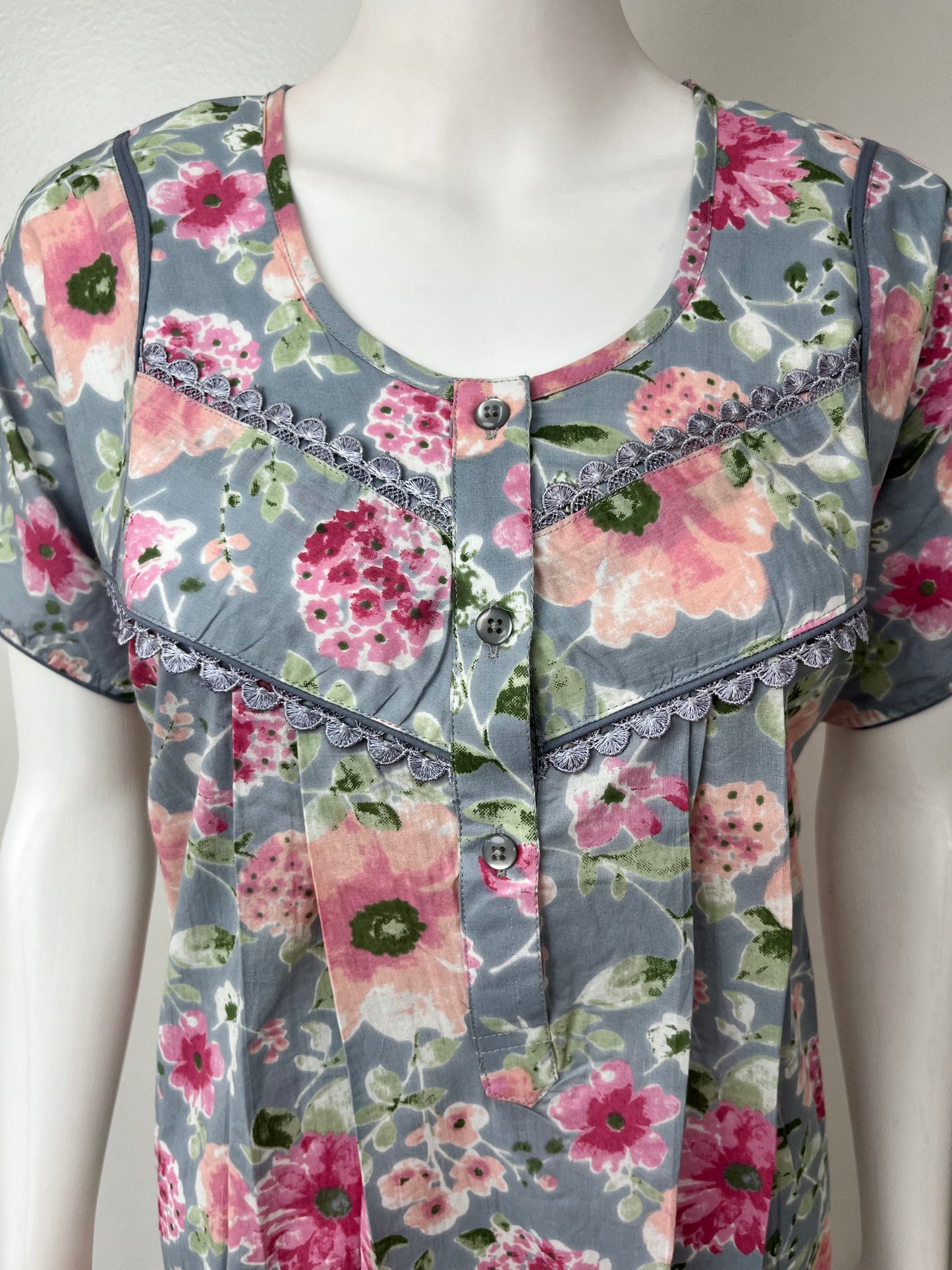 Grey 100% Cotton Nighty with Contrast Print