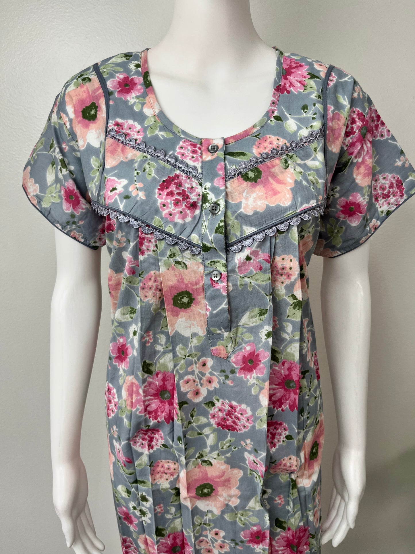 Grey 100% Cotton Nighty with Contrast Print