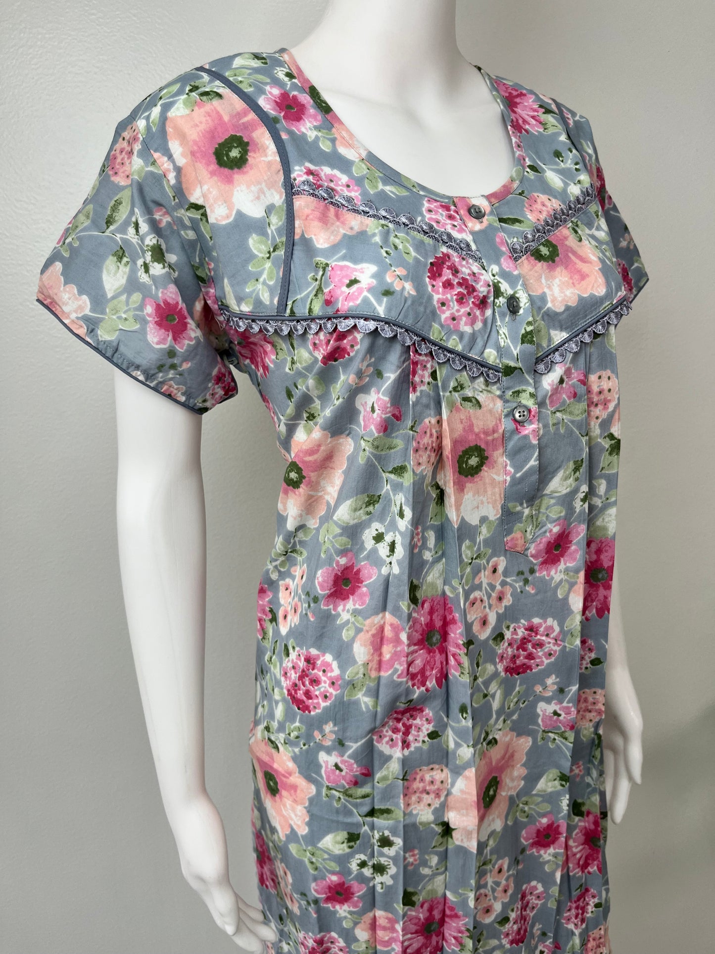 Grey 100% Cotton Nighty with Contrast Print