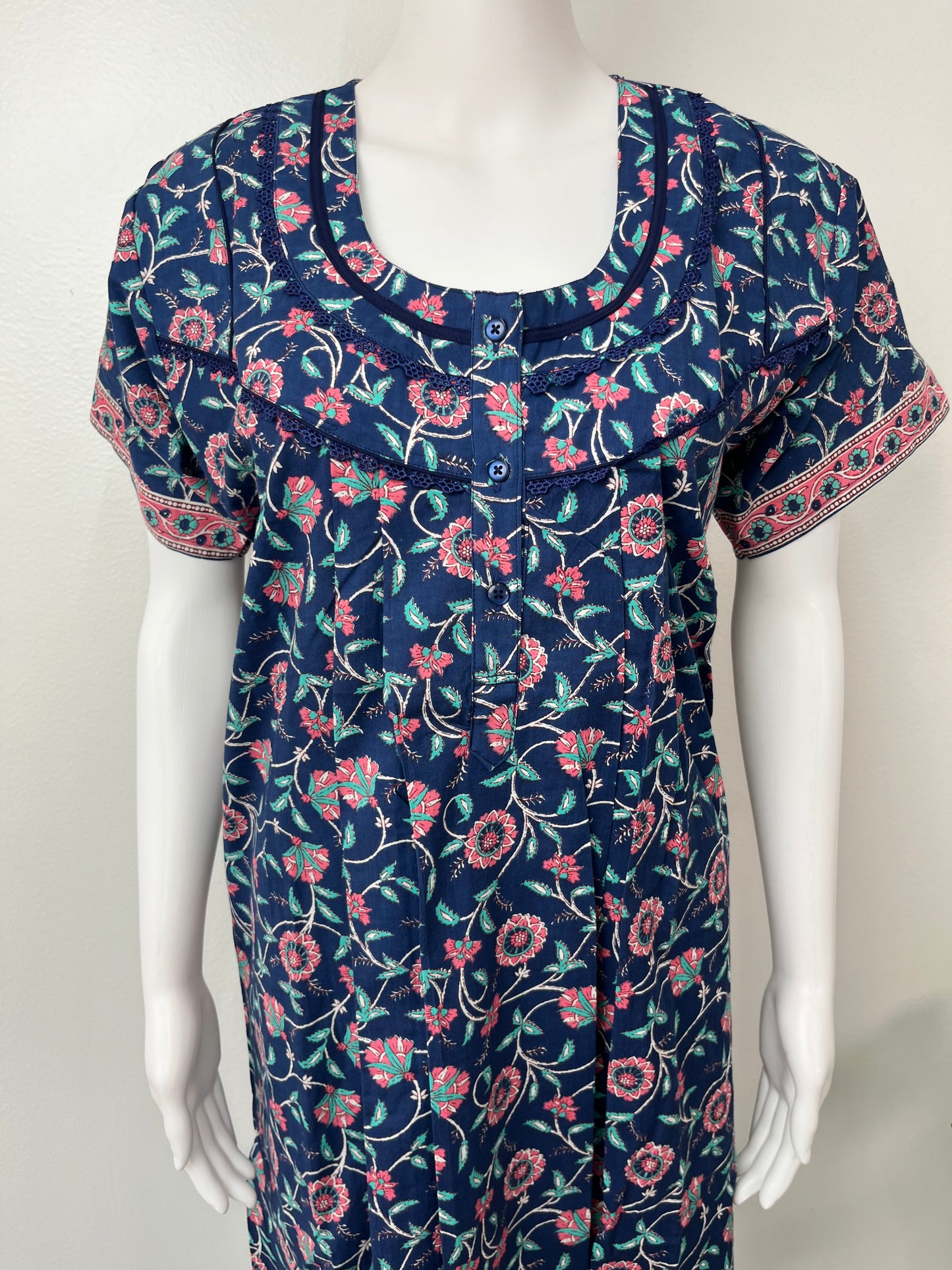 Royal Blue Pure Cotton Nightgown with Contrast Print