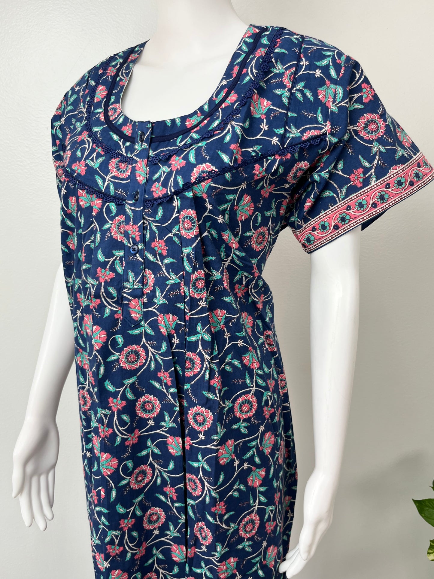 Royal Blue Pure Cotton Nightgown with Contrast Print