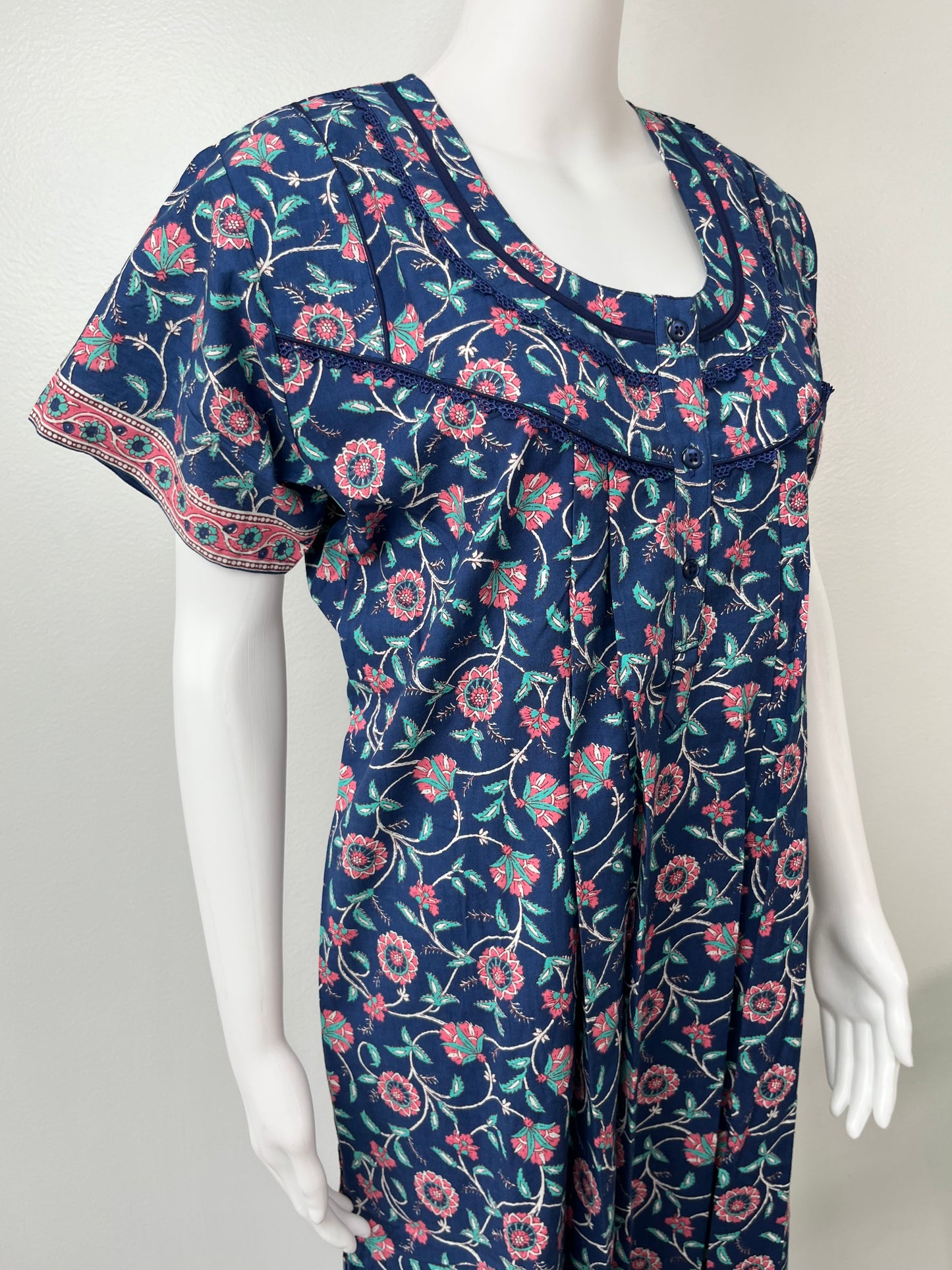 Royal Blue Pure Cotton Nightgown with Contrast Print