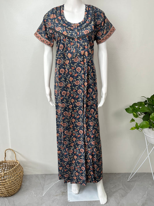 Navy Blue Printed 100% Cotton Nighty