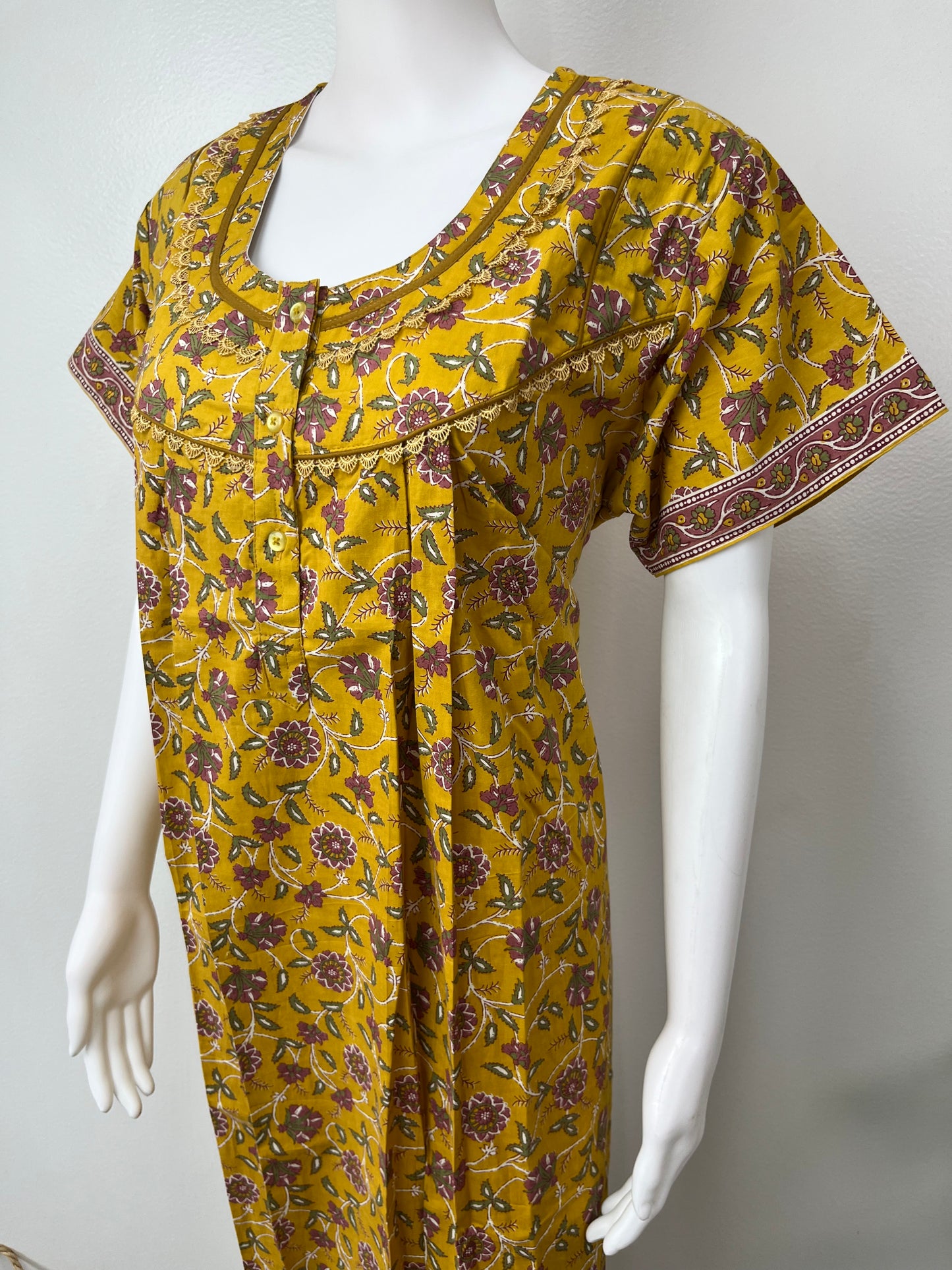 Mustard Floral Printed 100% Cotton Nighty.