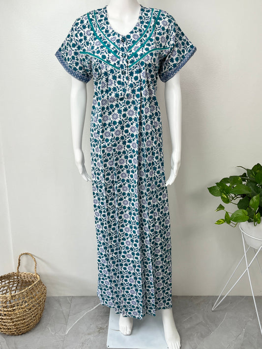 Blue Pleated Pure Cotton Nighty for Women