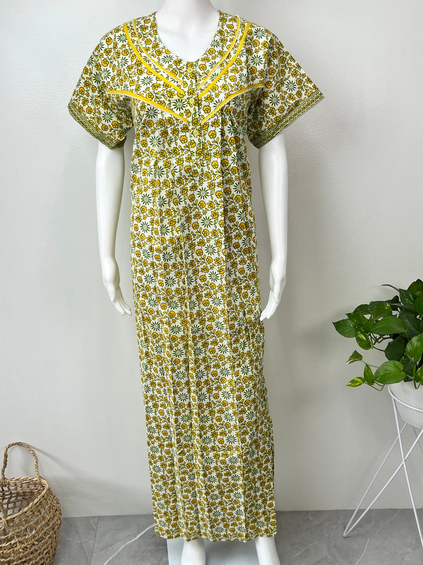 Yellow Pure Cotton Pleated Nighty for Women