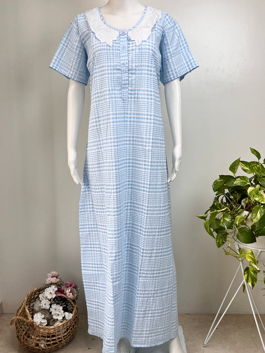 Floral Embroidered Checked Nightgown Soft & Breathable