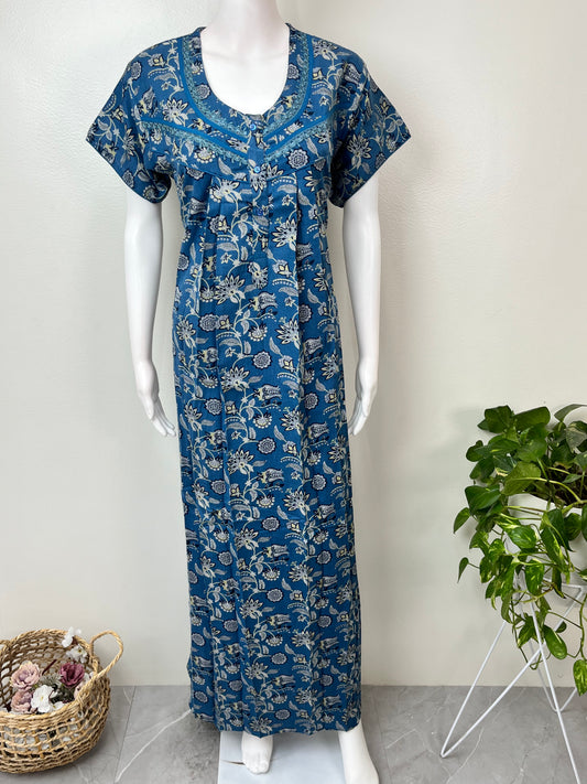 Navy Blue Pleated Style Alpine Fabric Nighty