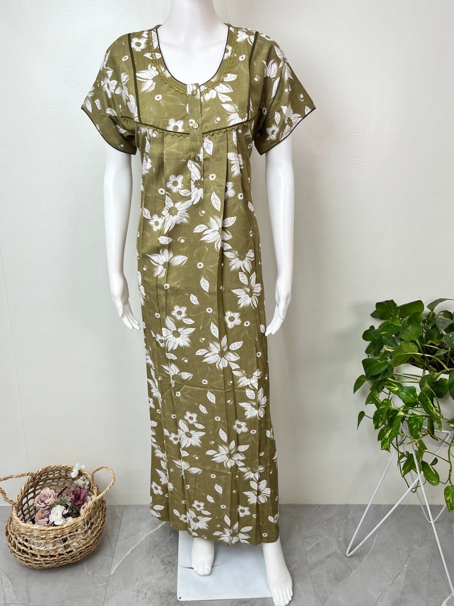 Olive Green Floral Printed Alpine Nightgown for Women