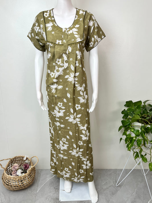 Olive Green Floral Printed Alpine Nightgown for Women